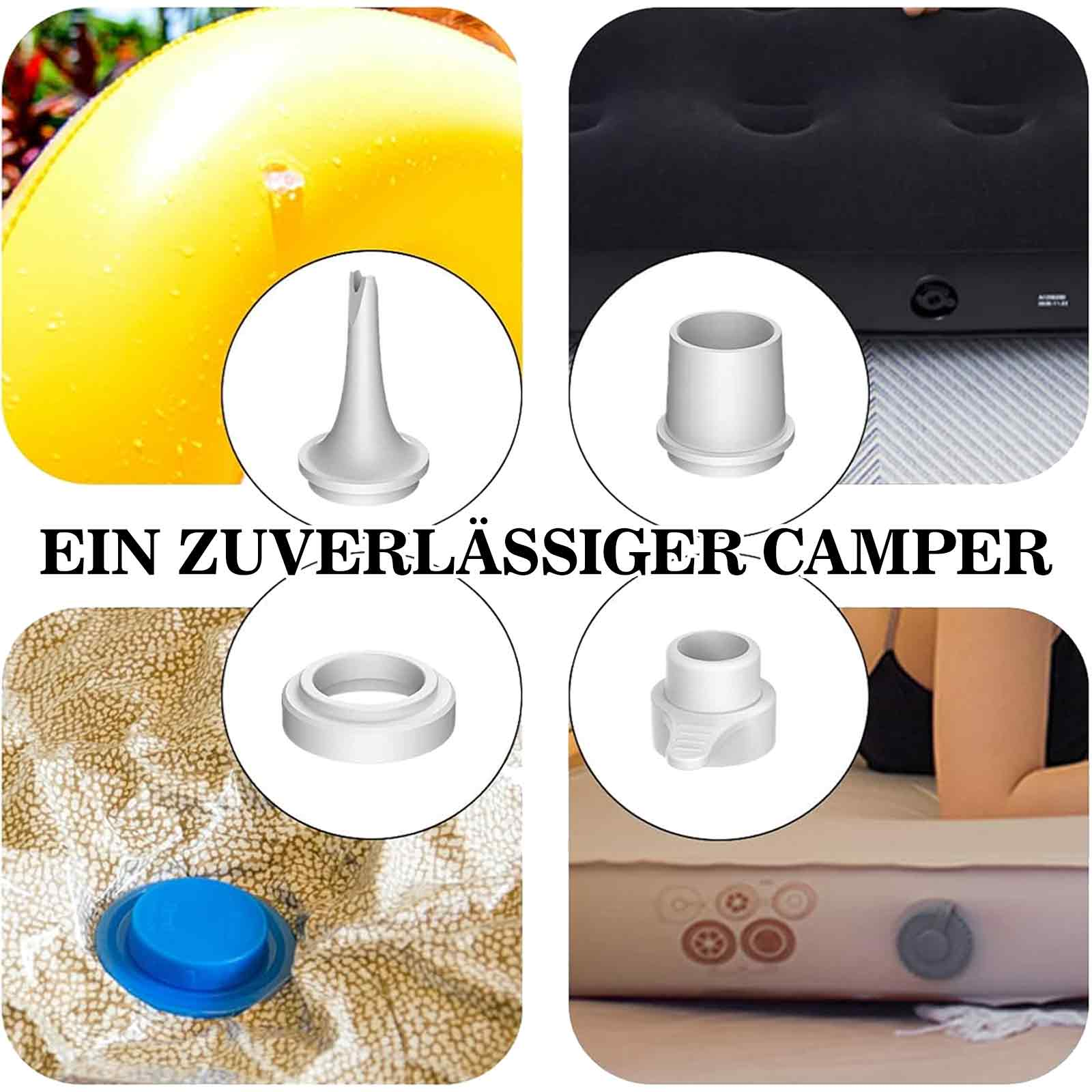 Vier Bilder, die verschiedene Luftmatratzenteile und -aufbauten zeigen, einschließlich Ventile und eine Person, die sie benutzt.