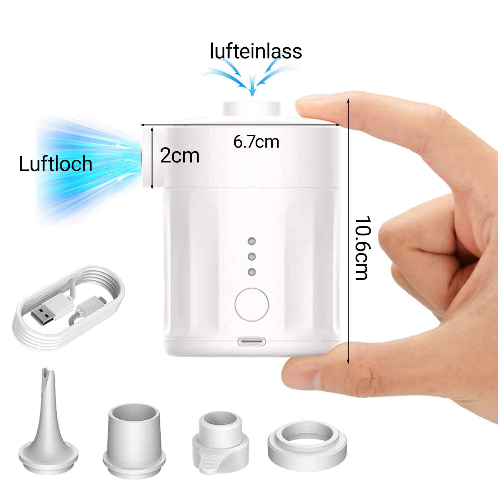 Eine weiße tragbare Luftpumpe mit Abmessungen und ein Luftauslass mit Schlauch und Aufsätzen.