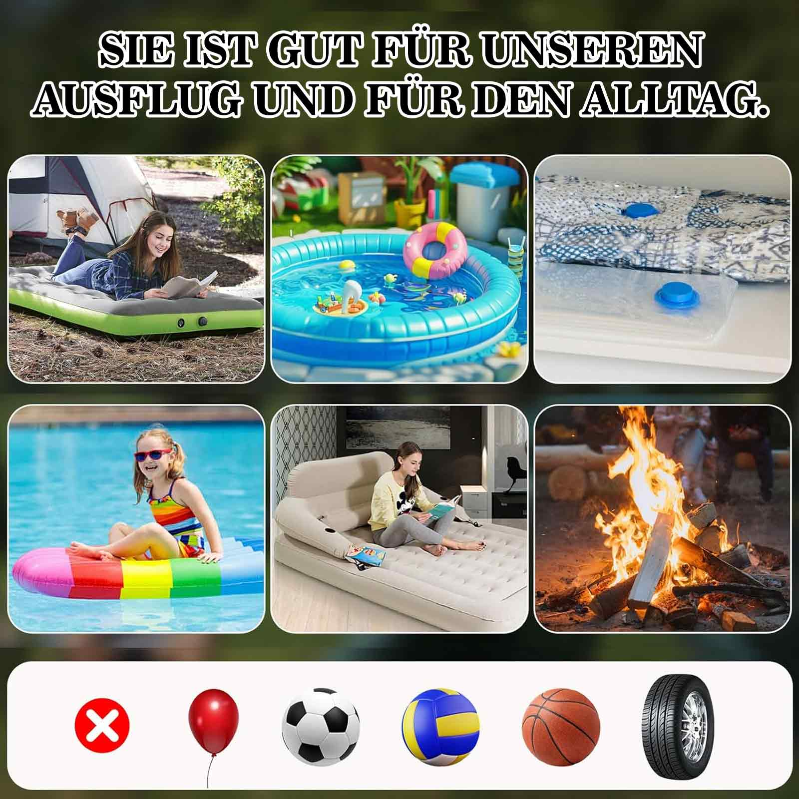 Mehrere Bilder, die verschiedene Verwendungen von aufblasbaren Artikeln zeigen, darunter ein Pool und ein Picknick.