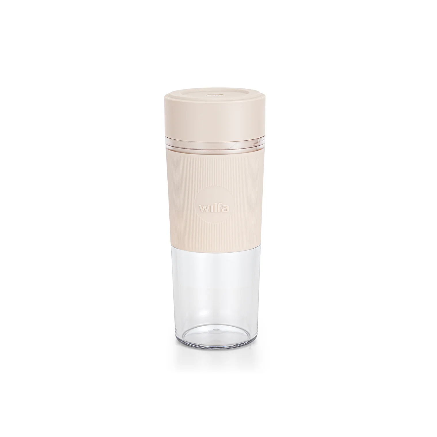 Eine weiße und beige Wilfa-Mixbecher. Der Boden ist transparent, während die Oberseite beige ist.
