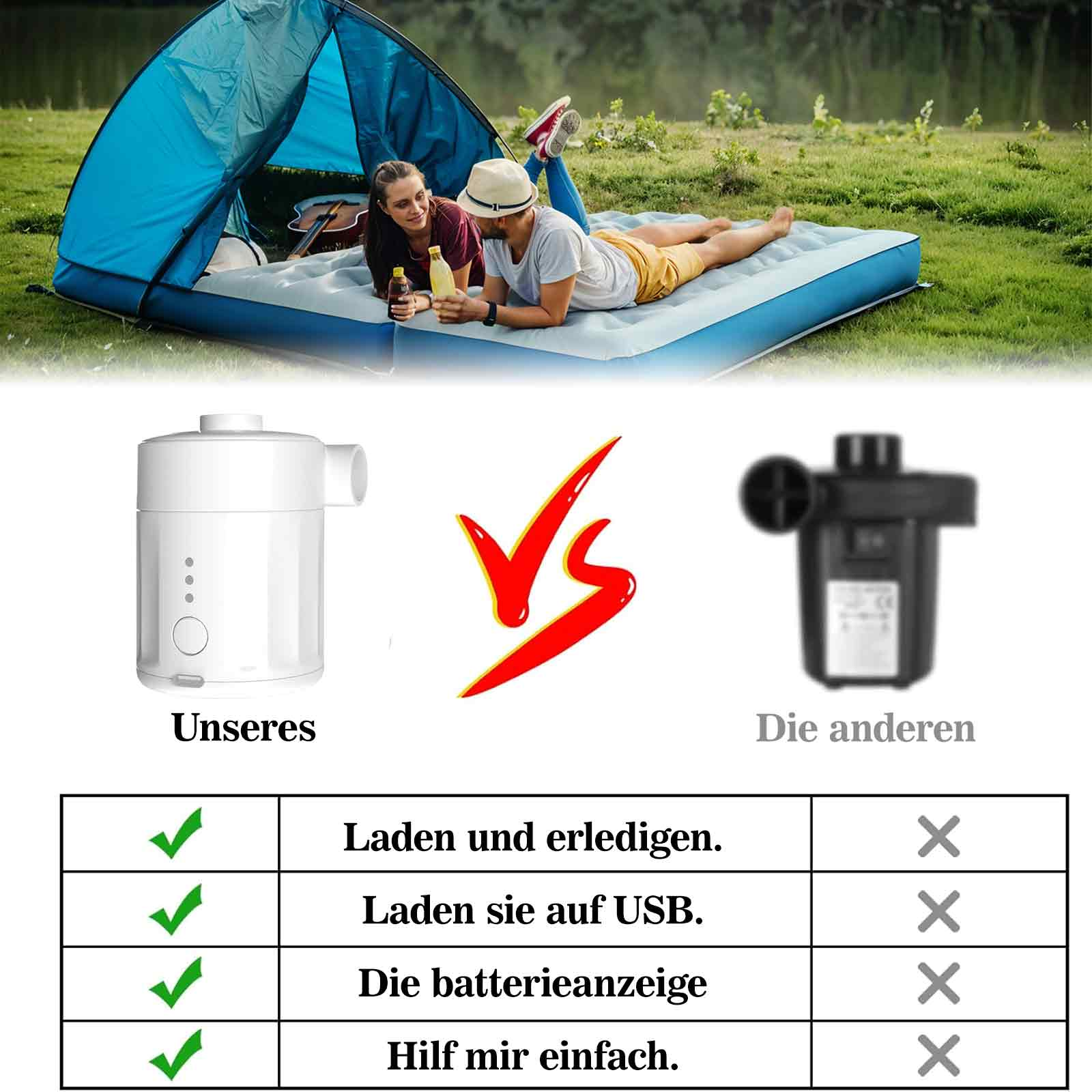 Vergleichsbild, das eine weiße Luftpumpe im Vergleich zu einer schwarzen zeigt, mit Häkchen und Kreuzen, die Funktionen anzeigen.