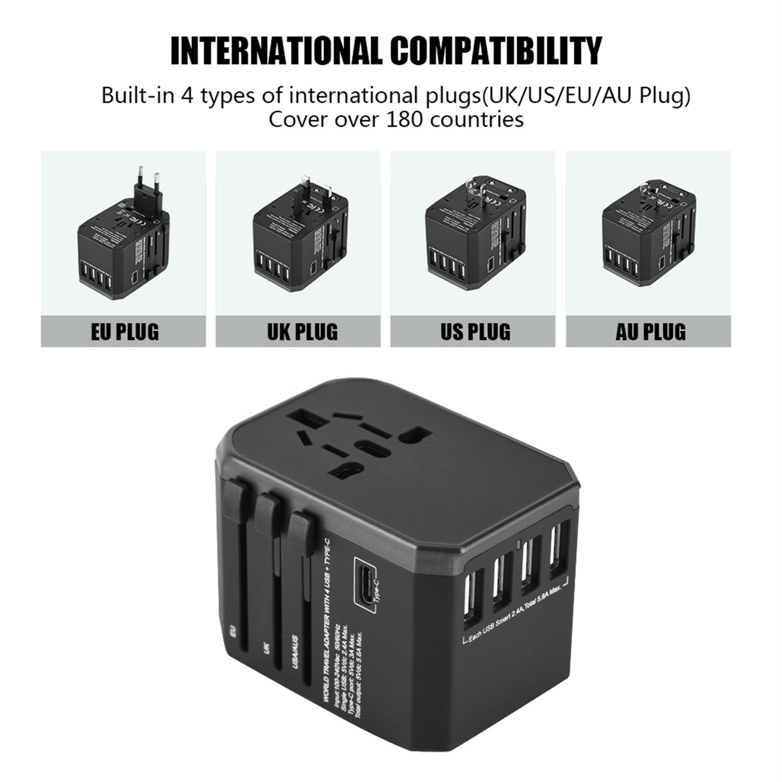 Reiseadapter mit mehreren Steckertypen. EU-, UK-, US- und AU-Stecker werden mit dem Adapter gezeigt.