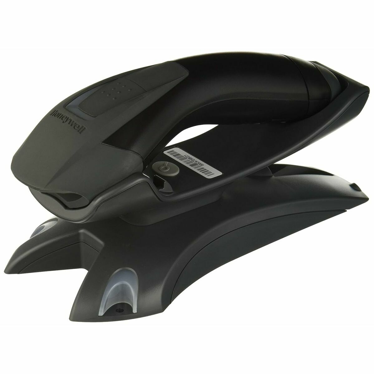 Schwarzer Honeywell Barcode-Scanner auf seinem Ständer, im rechten Winkel, auf einem weißen Hintergrund.
