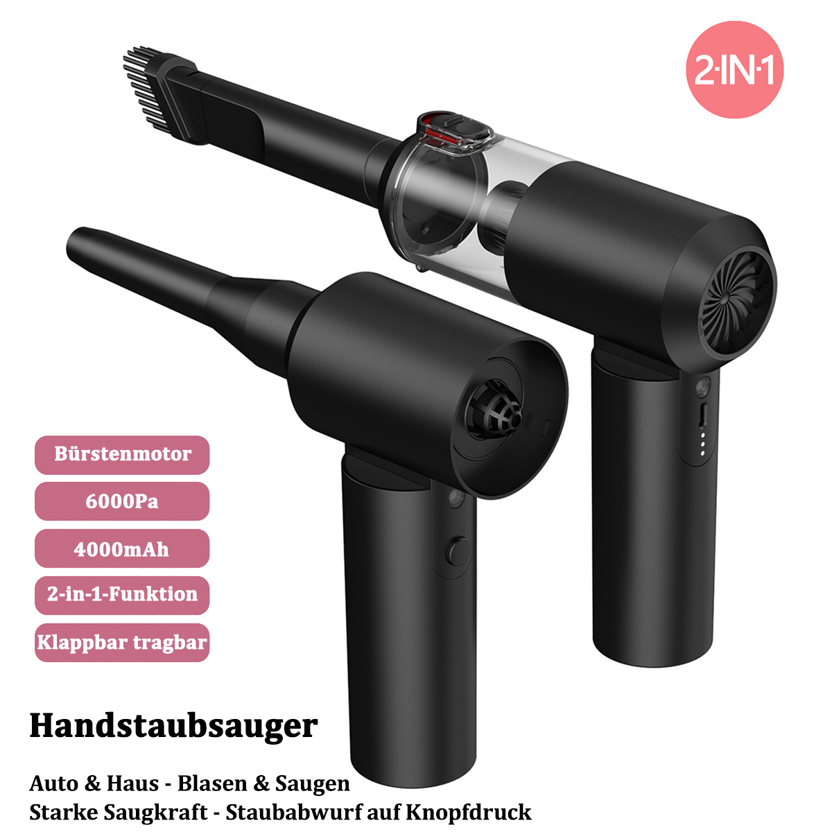 Zwei schwarze Handstaubsauger, einer mit Bürstenaufsatz, mit Produktdetails auf Deutsch.