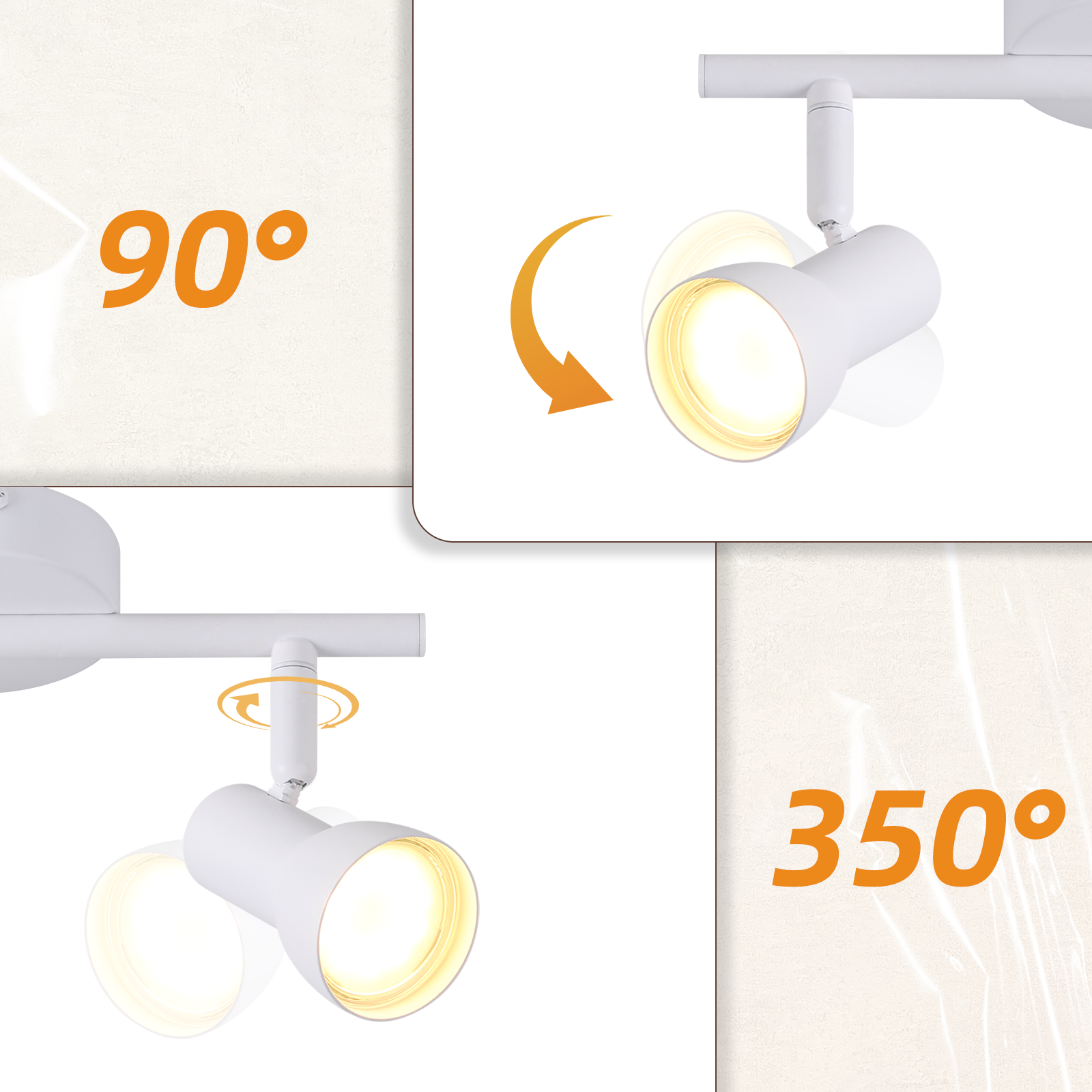 Diagram pokazujący regulowane kąty białej oprawy punktowej, z obrotem o 90 i 350 stopni.