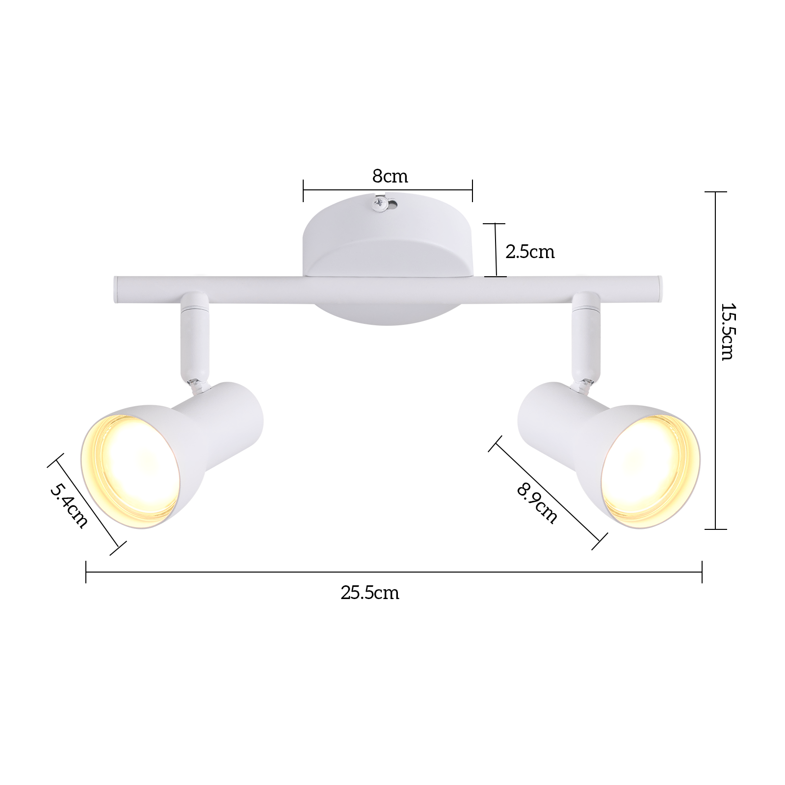 Diagramma con le dimensioni di un apparecchio di illuminazione a binario bianco a due spot, su sfondo bianco.