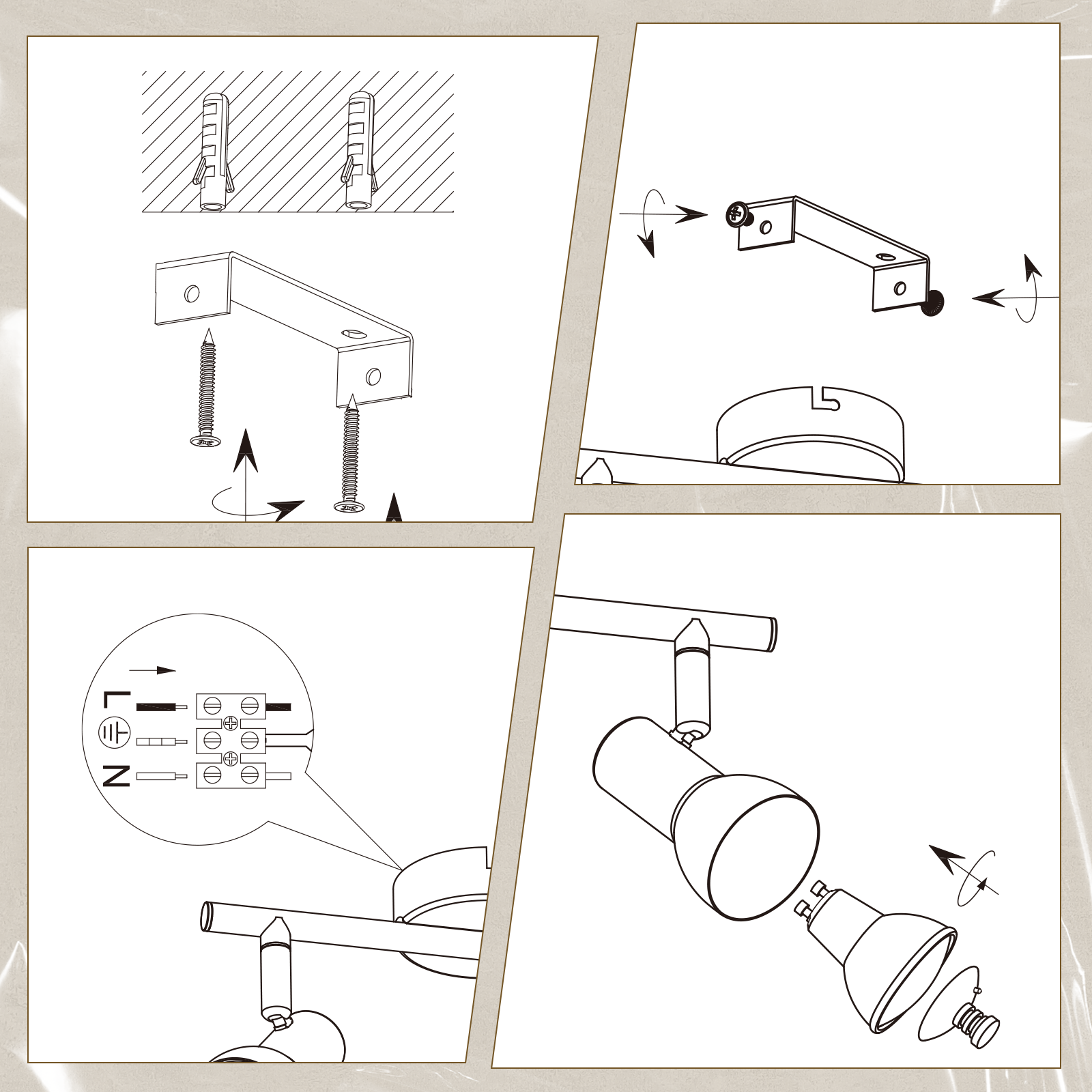 Un diagramma illustra i passaggi di installazione per un apparecchio di illuminazione a soffitto con dettagli di montaggio e cablaggio.