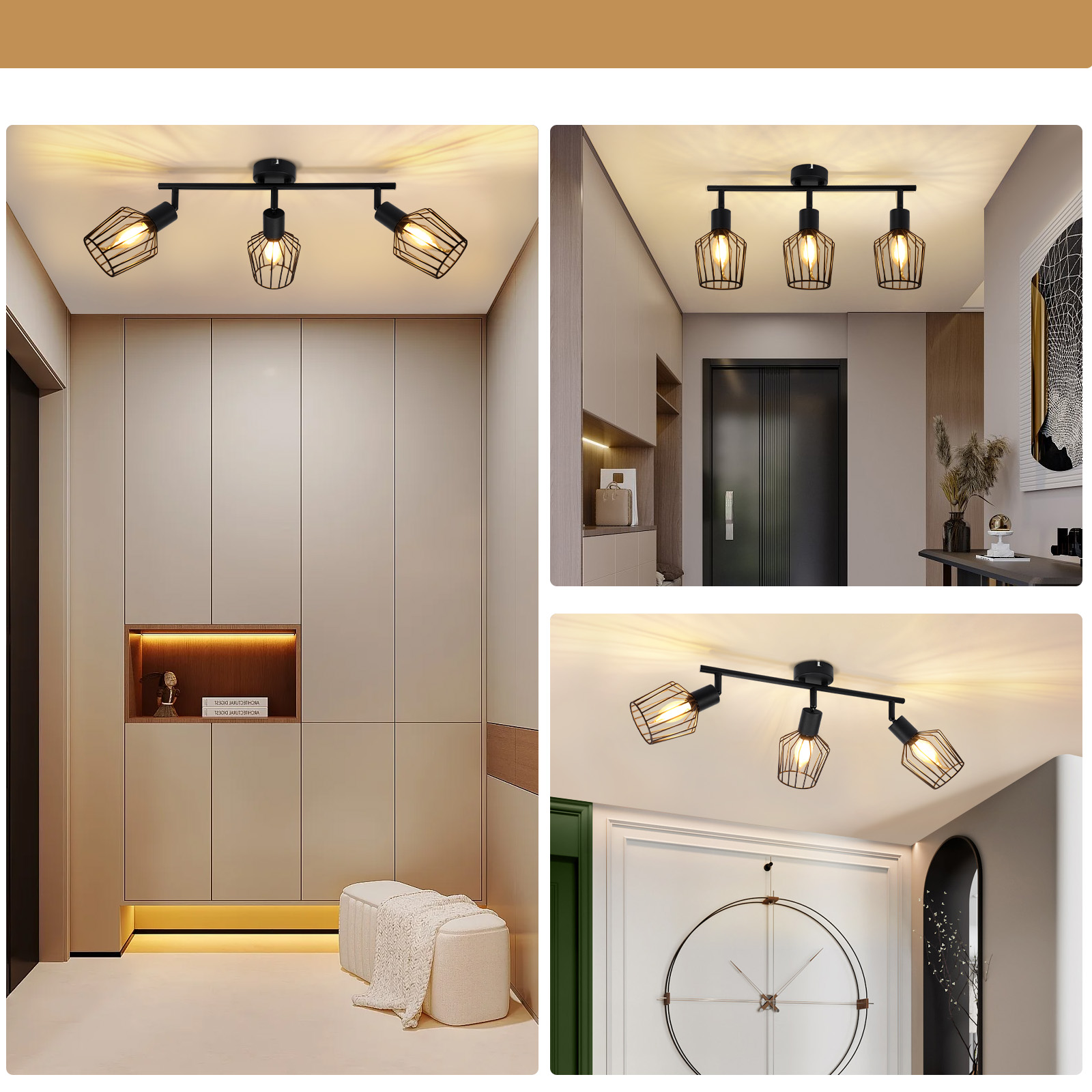 Kolaż czarnej trzypunktowej oprawy oświetleniowej w różnych ustawieniach: przedpokój, salon i nad białym zegarem.