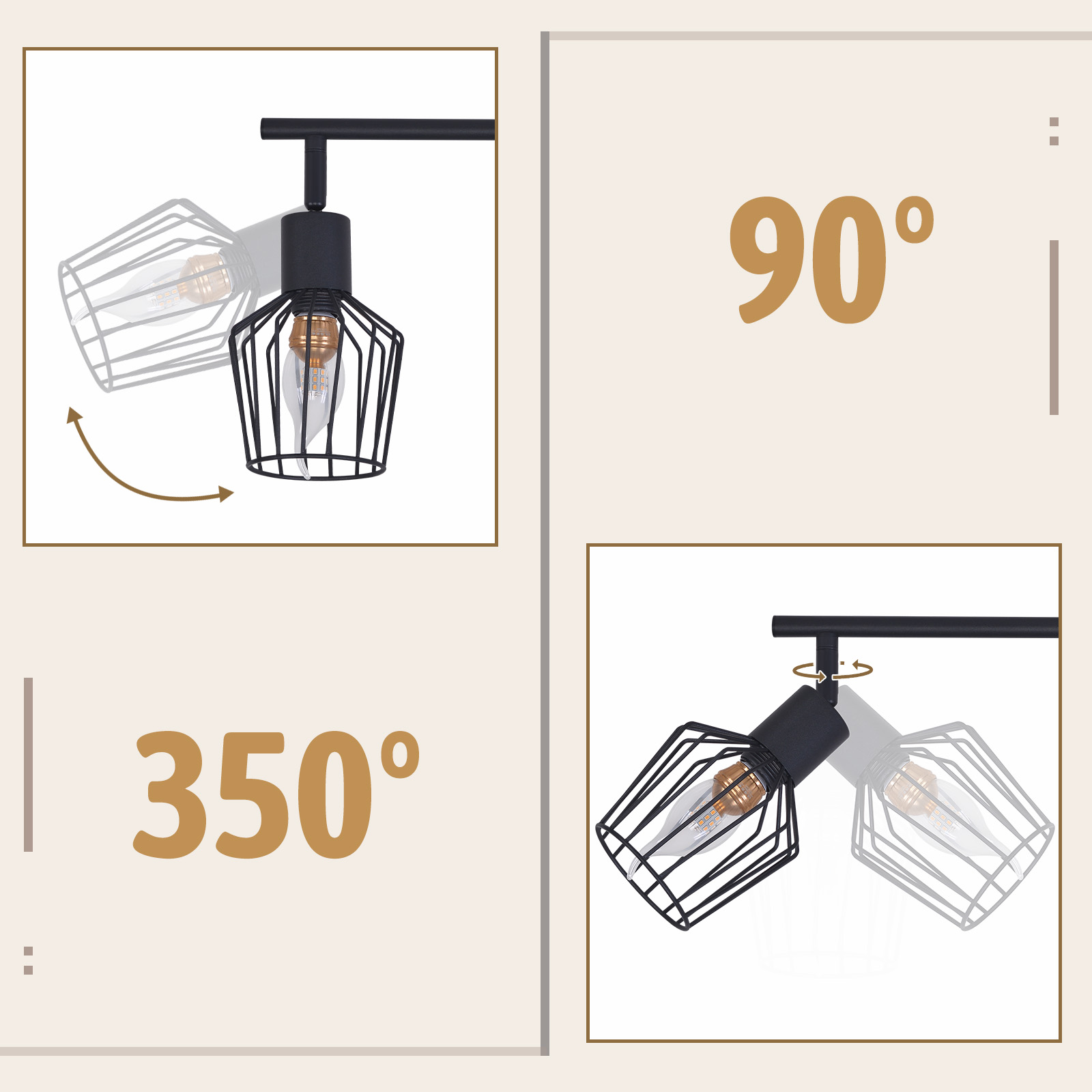 Diagramy pokazują czarną oprawę oświetleniową w kształcie klatki obracającą się o 90° i 350°, podkreślając jej regulowane kąty.