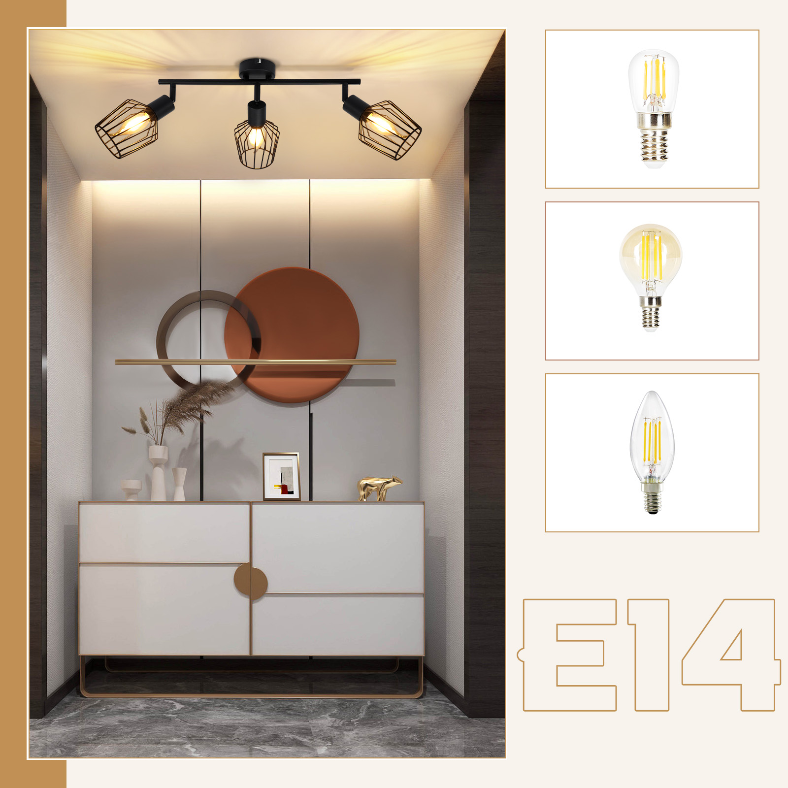 Kolaż trzypunktowej oprawy oświetleniowej, szafki z wystrojem i żarówek E14, prezentujący opcje oświetlenia.