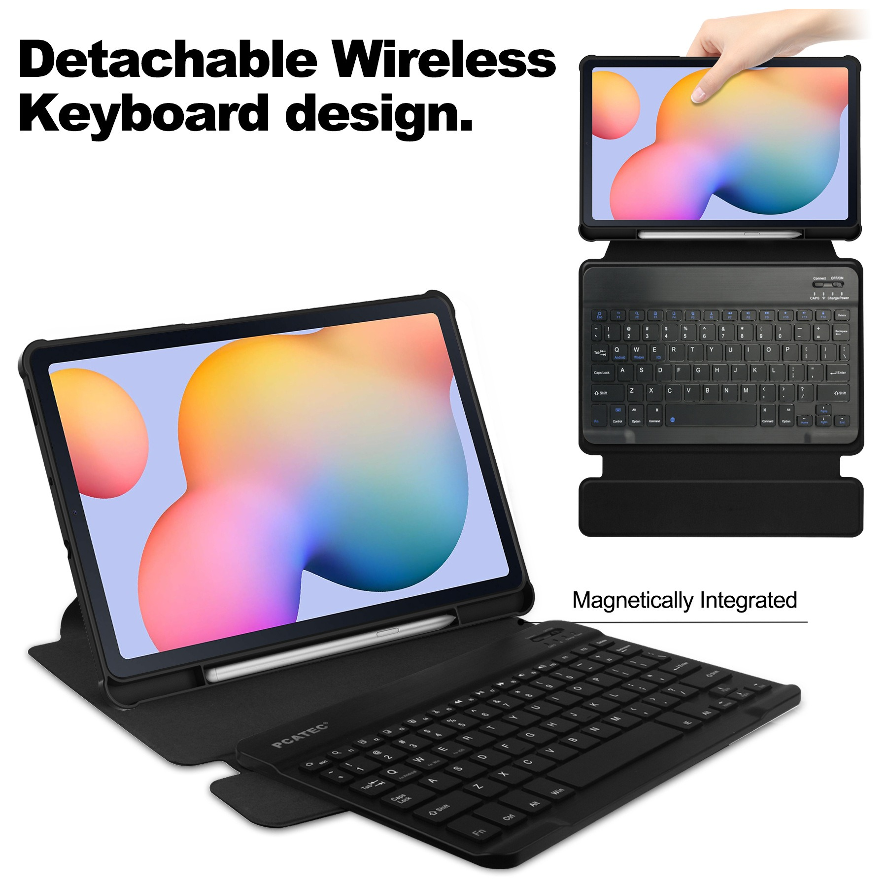 Design della tastiera wireless rimovibile per tablet, integrato magneticamente, che mostra versatilità e praticità.