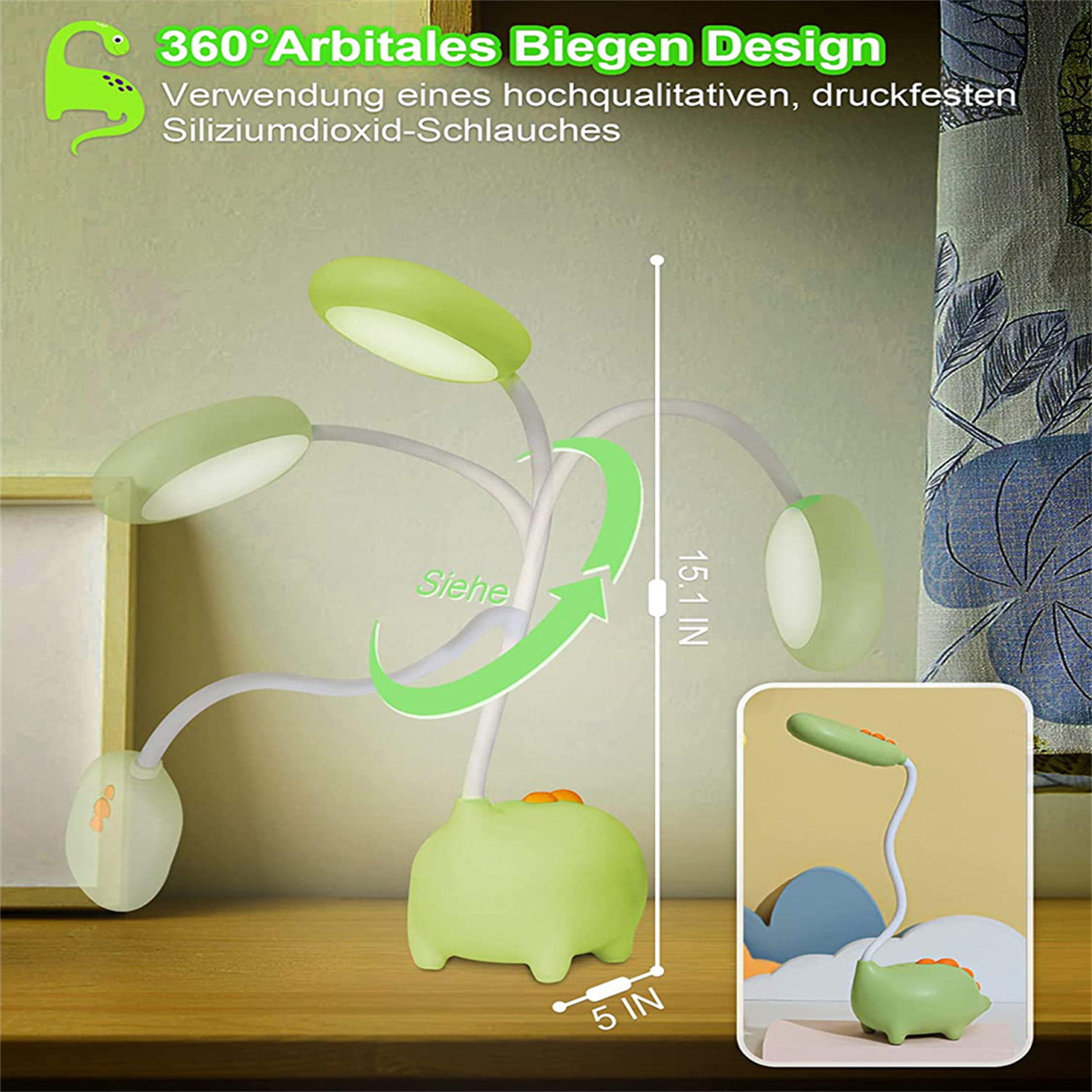 Eine grüne, tierförmige Schreibtischlampe mit flexiblem Hals wird in mehreren Positionen mit Produktinformationen dargestellt.
