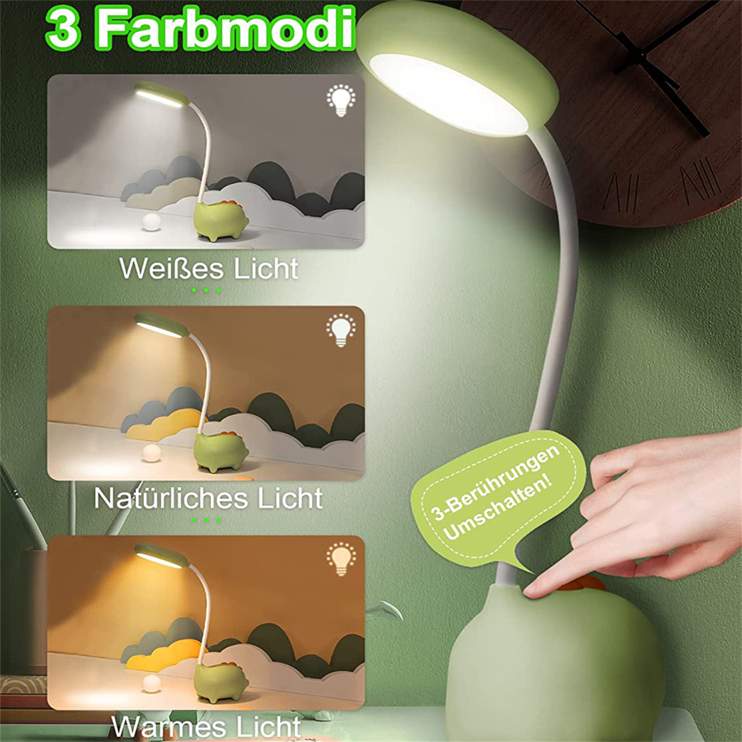 Lampe mit drei Lichtmodi: Weiß, natürlich und warmes Licht. Eine Hand zeigt auf den Schalter.