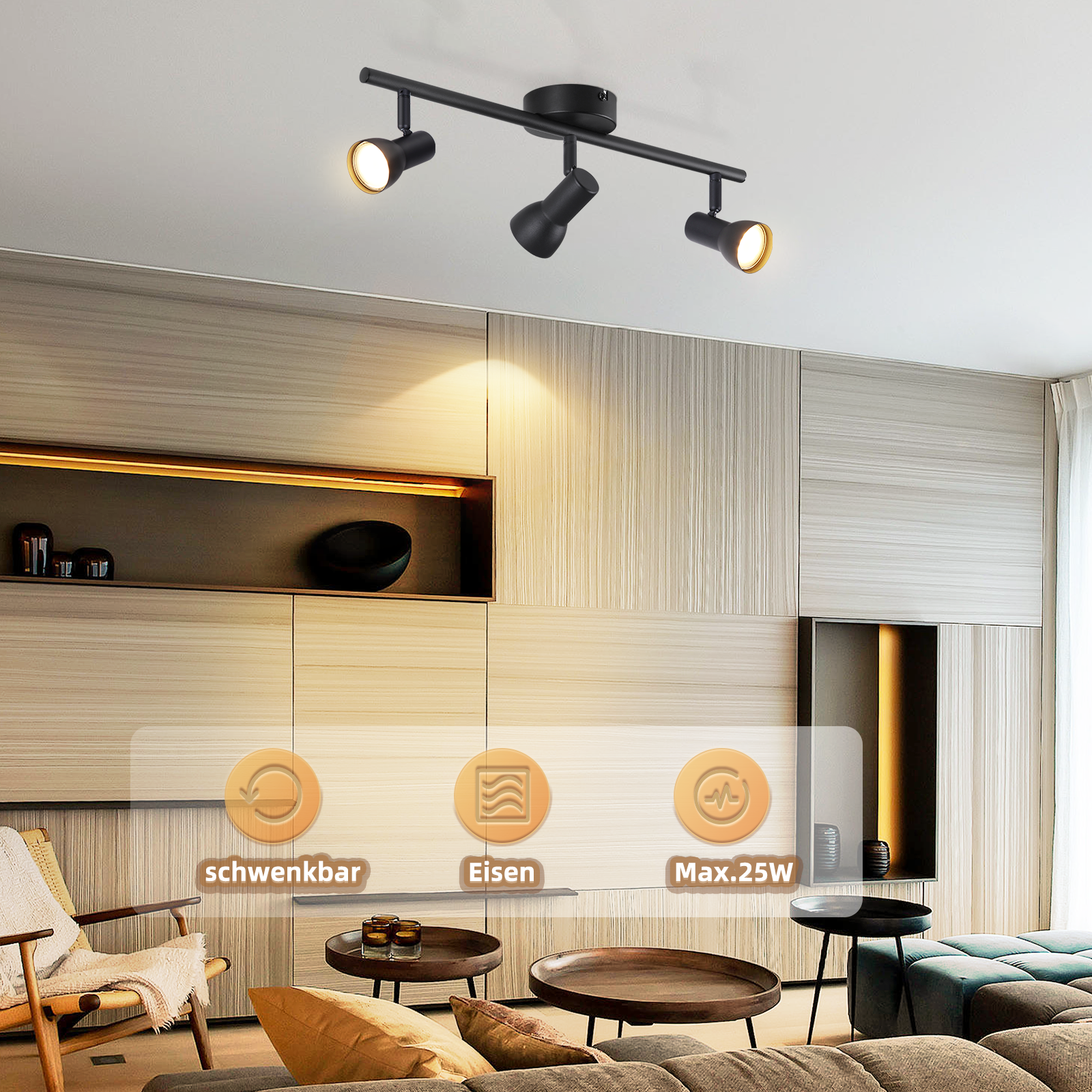 Czarna lampa sufitowa z trzema regulowanymi reflektorami w salonie z nowoczesnym wystrojem.