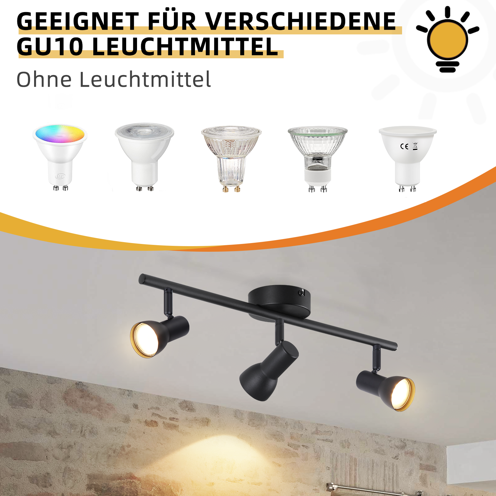 Lampada da soffitto nera con tre faretti regolabili. Adatto per lampadine GU10. Lampadine non incluse.