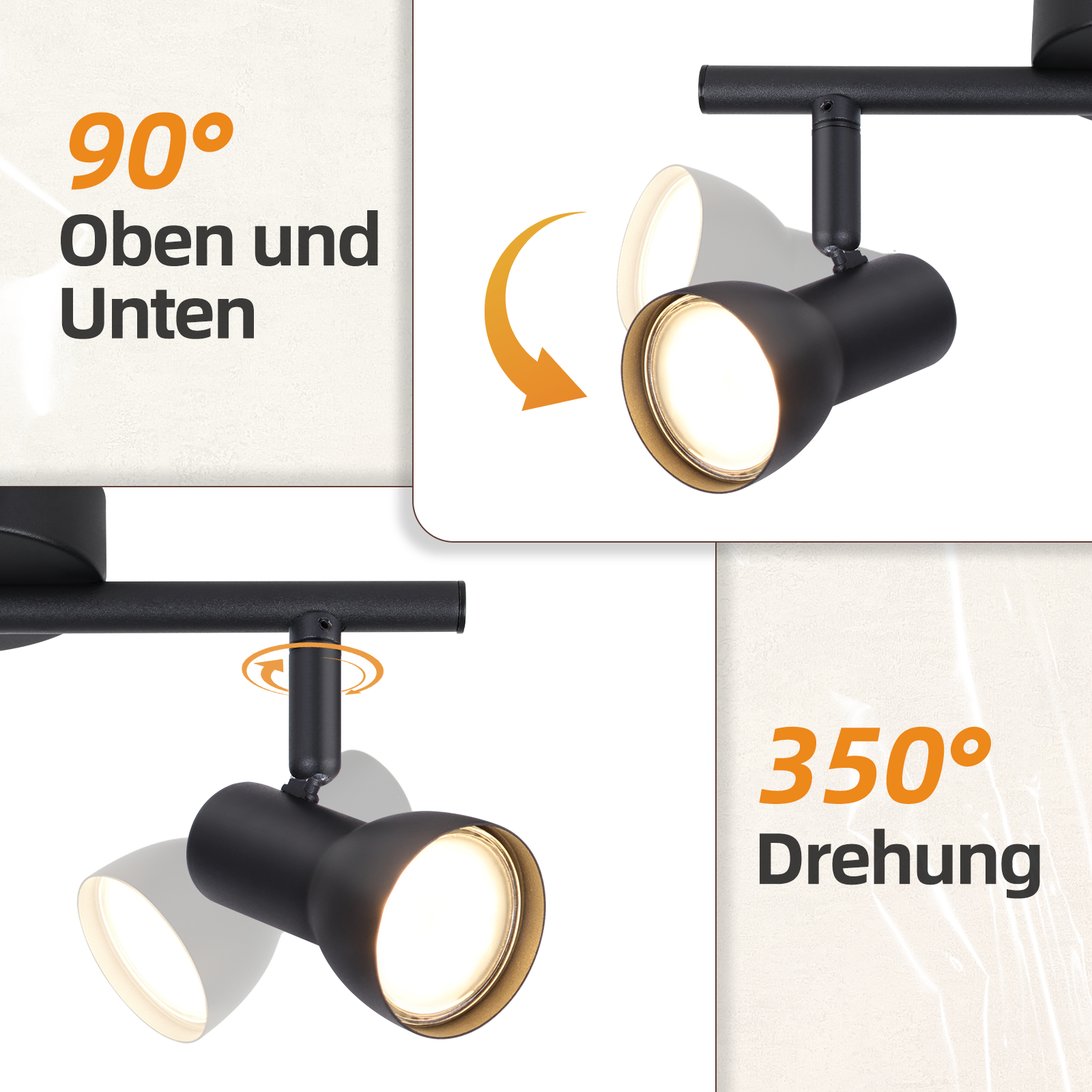 Lampada da soffitto nera con tre faretti regolabili. Le luci possono ruotare di 350 gradi.