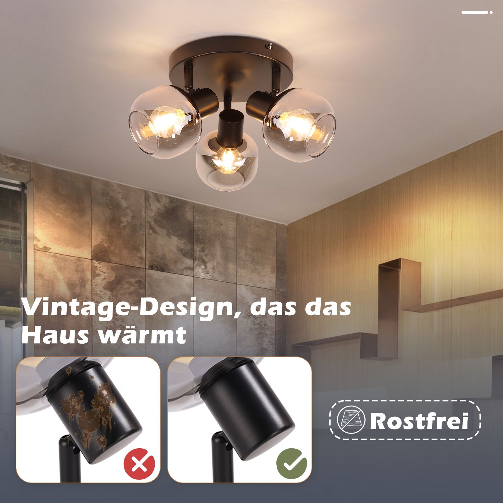 Lampa sufitowa w stylu vintage z lampami kulistymi, prezentowana z właściwościami nierdzewnymi w pomieszczeniu.