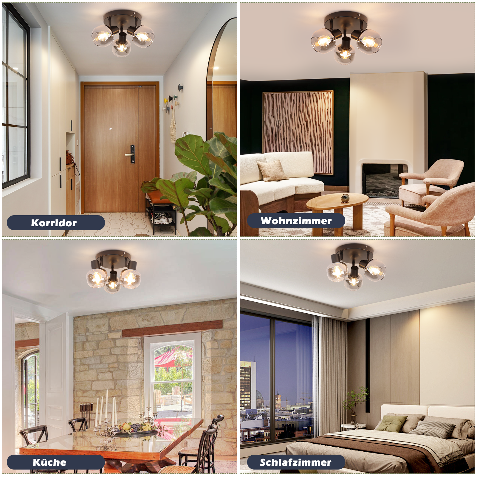 Collage che mostra una lampada da soffitto con lampade a globo in diverse stanze: corridoio, soggiorno, cucina, camera da letto.