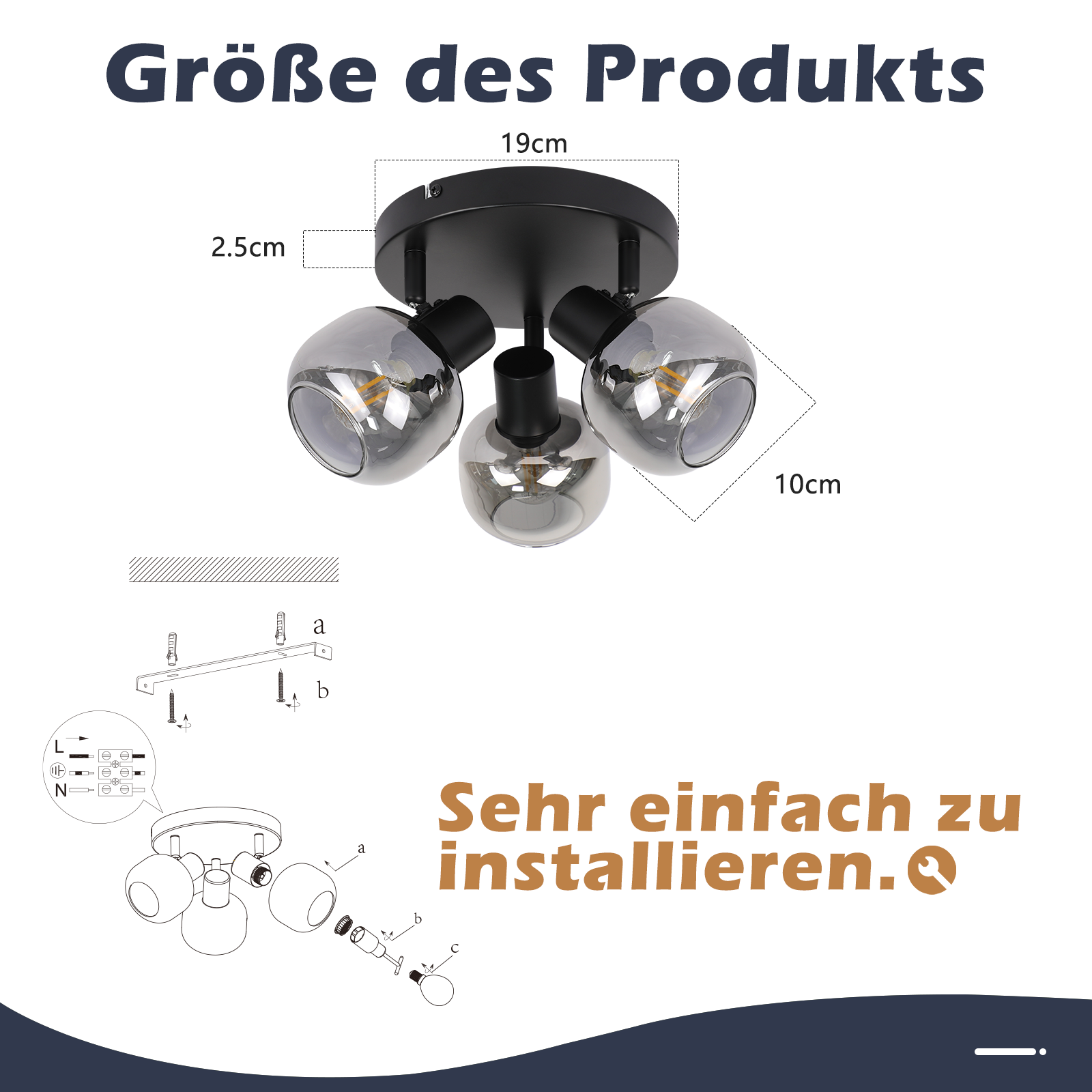 L'immagine mostra le dimensioni del prodotto e la guida all'installazione di una lampada da soffitto con lampade a globo.