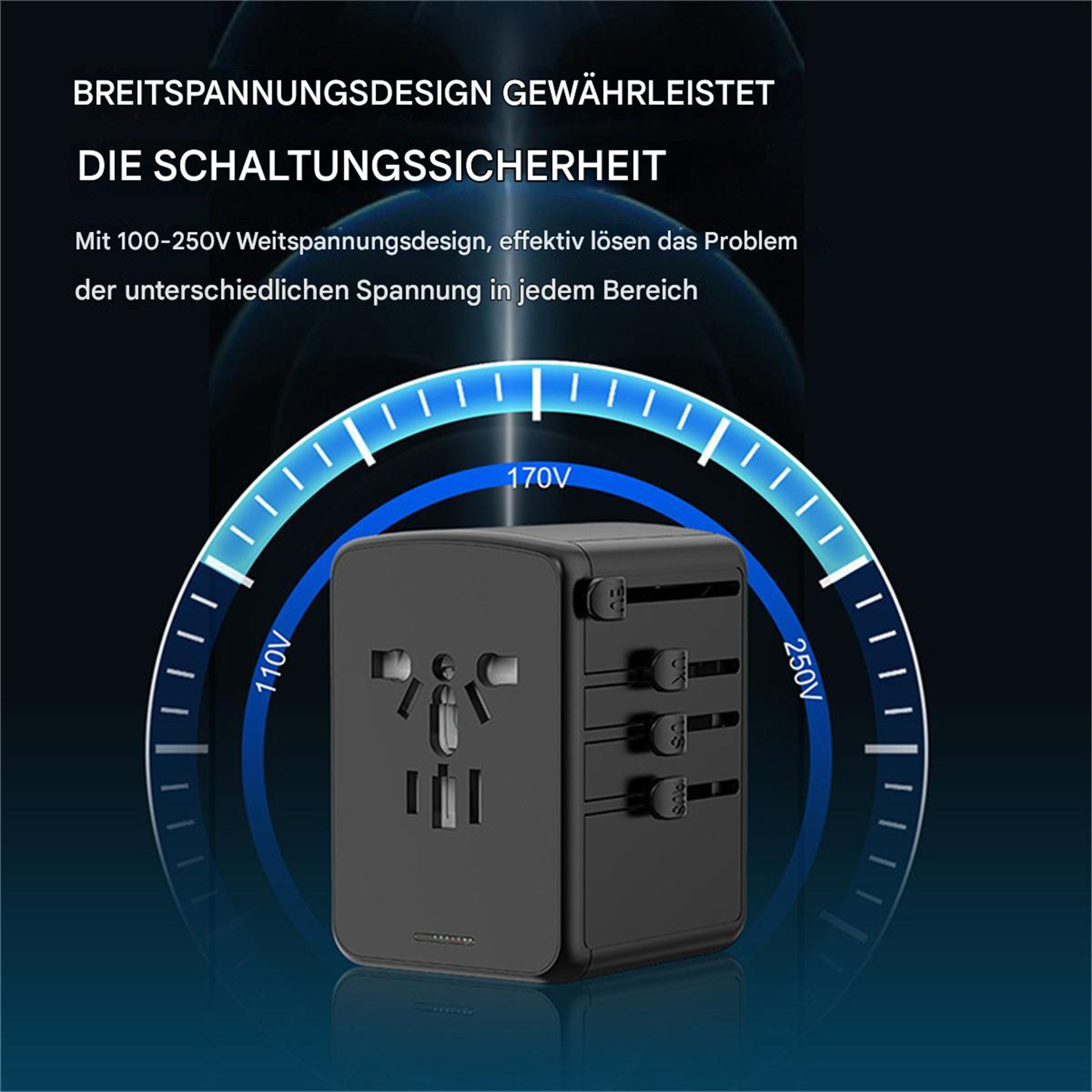 Ein schwarzer Multi-Stecker-Adapter mit Spannungsanzeigen für verschiedene Regionen, der die Sicherheit der Schaltung gewährleistet.