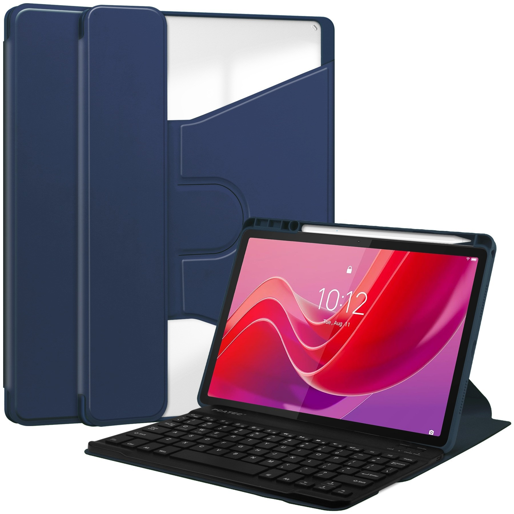 Un tablet con tastiera e custodia, che mostra uno schermo colorato con l'ora 10:12 e la data Martedì 11 agosto.