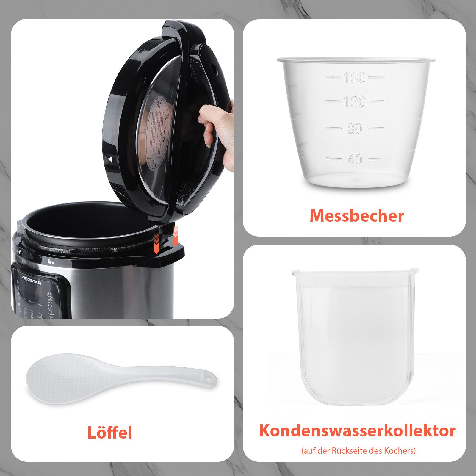 Se muestran una taza medidora, una cuchara para arroz y un colector de condensación sobre un fondo de mármol.