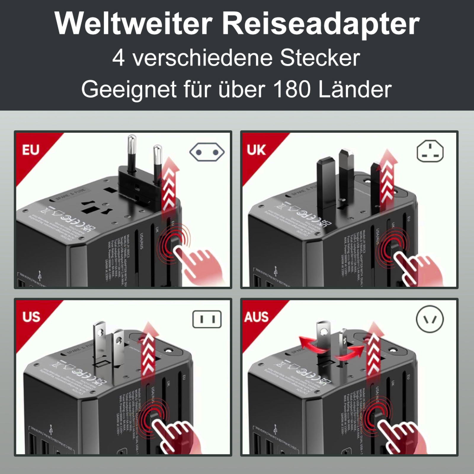 Ein weltweiter Reiseadapter zeigt vier verschiedene Stecker für über 180 Länder.