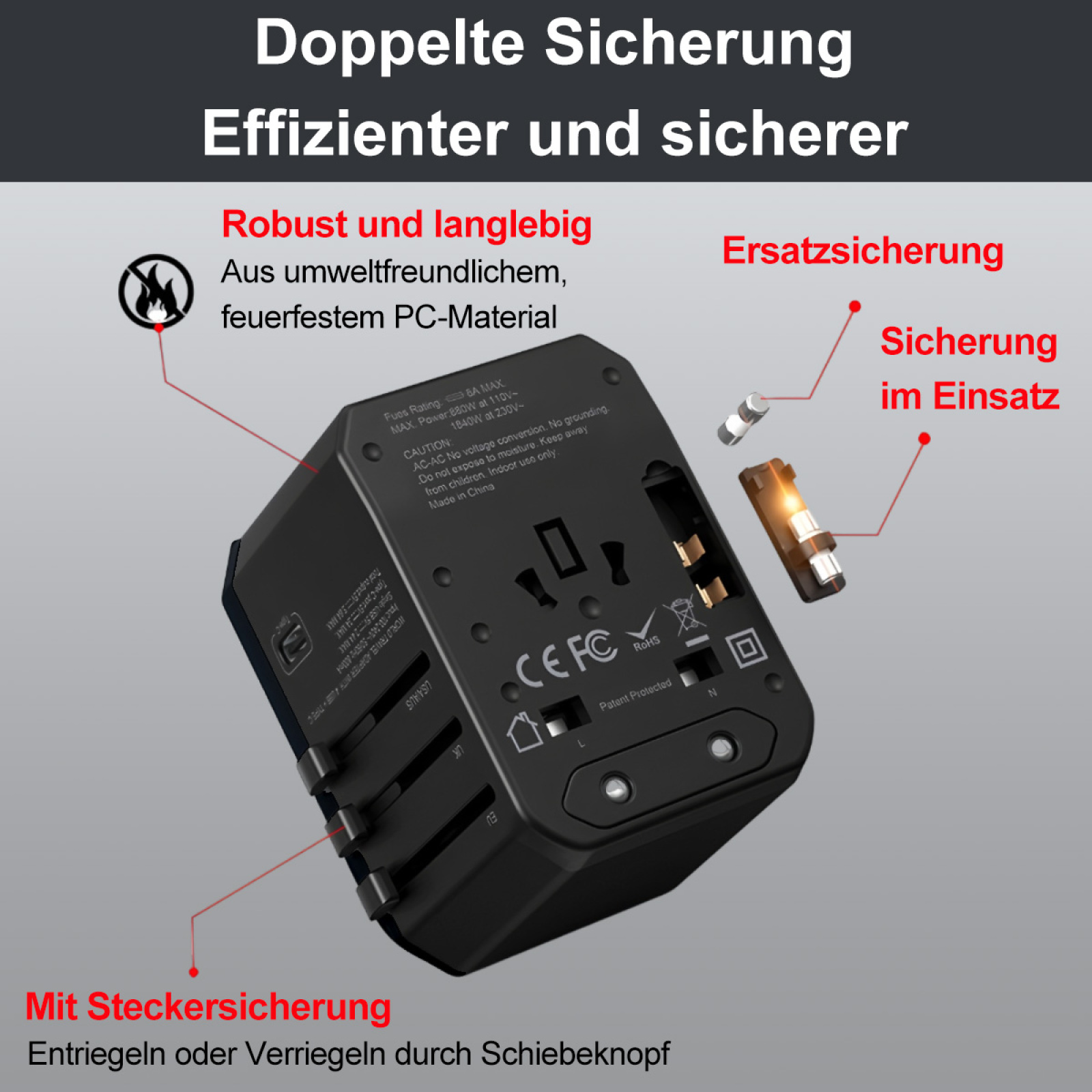 Ein schwarzer Adapter zeigt doppelten Sicherungsschutz und robustes, langlebiges, feuerfestes PC-Material.