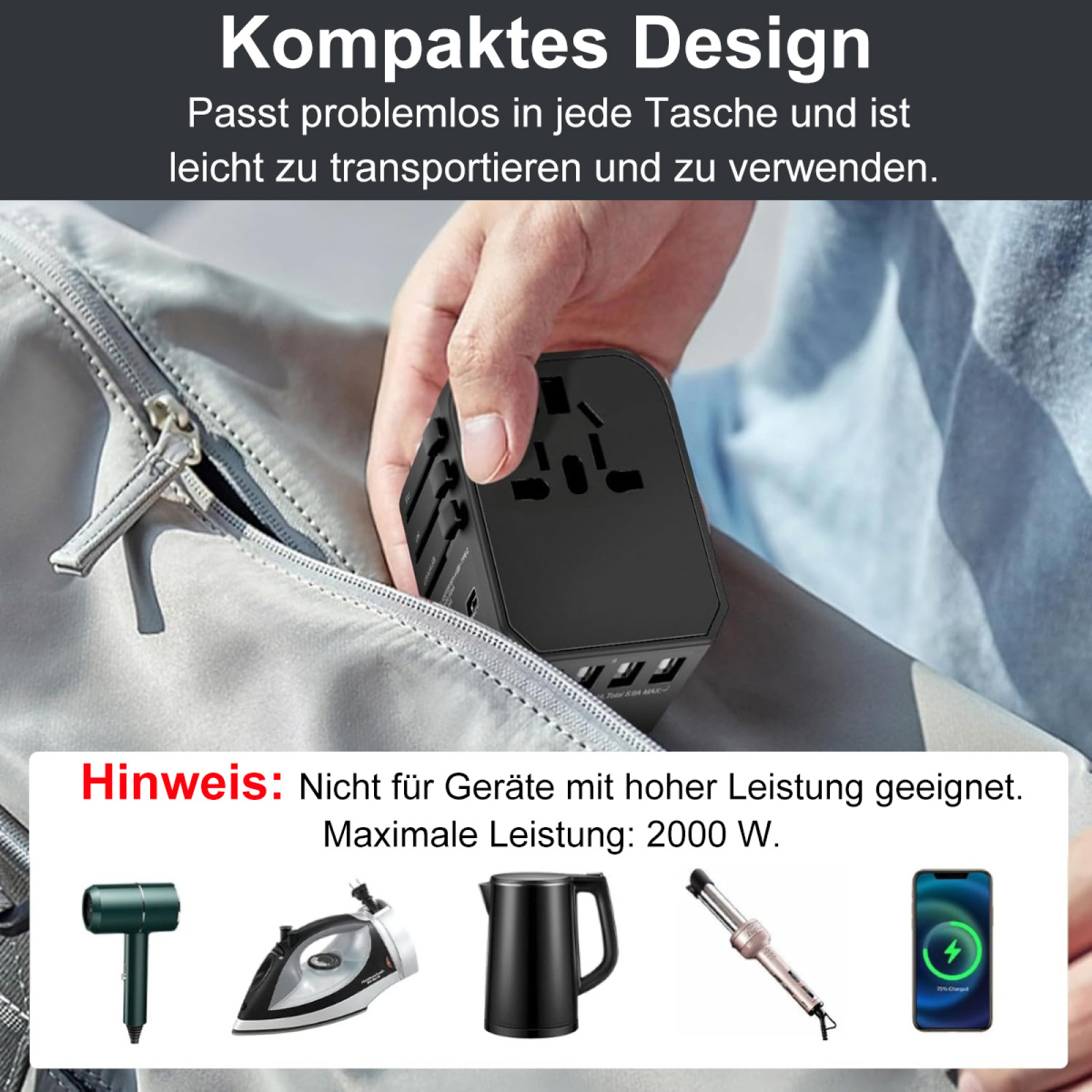 Eine Hand hält einen schwarzen Adapter aus einer Tasche, darunter Text und Bilder von Elektronik.