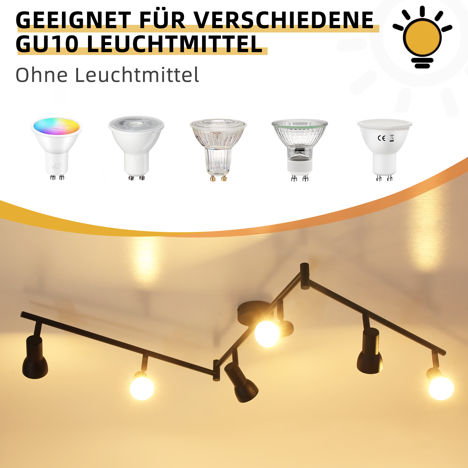 System oświetlenia szynowego z wieloma żarówkami, z tekstem nad światłami.