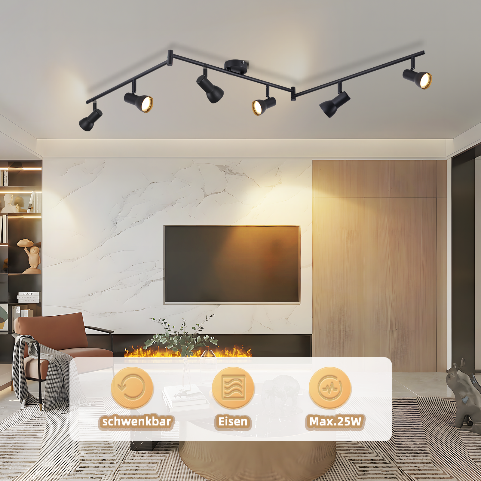 Pokój z systemem oświetlenia szynowego, z telewizorem i kominkiem.