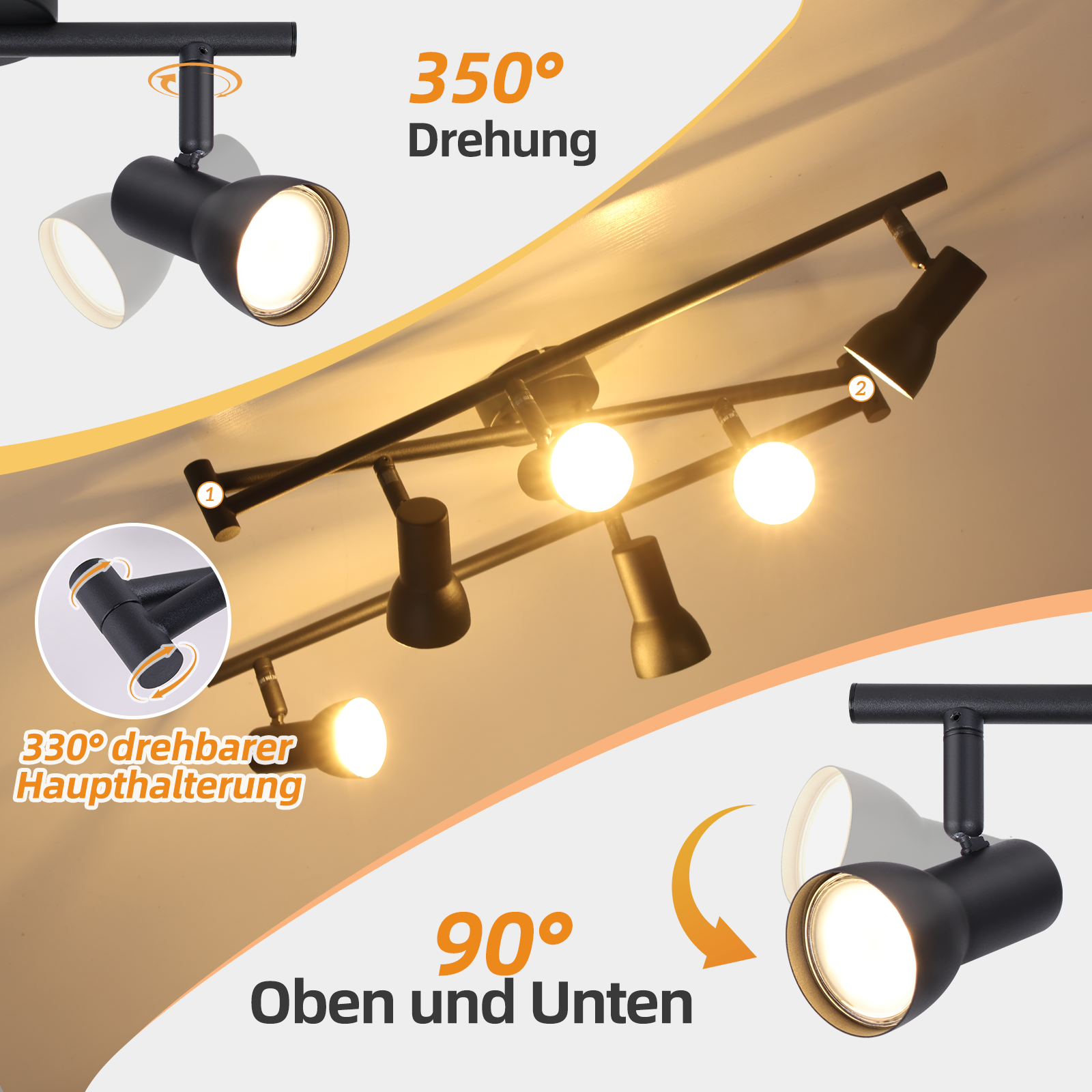 Un sistema di illuminazione a binario con più faretti, che mostra una rotazione e un'inclinazione a 360 gradi.