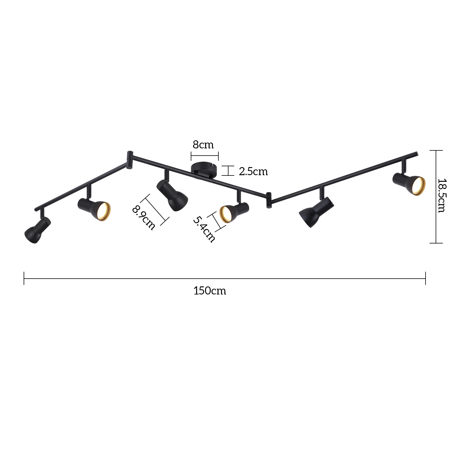 Disegno tecnico di una luce a binario nera con dimensioni, inclusa una lunghezza di 150 cm e un'altezza di 18,5 cm.