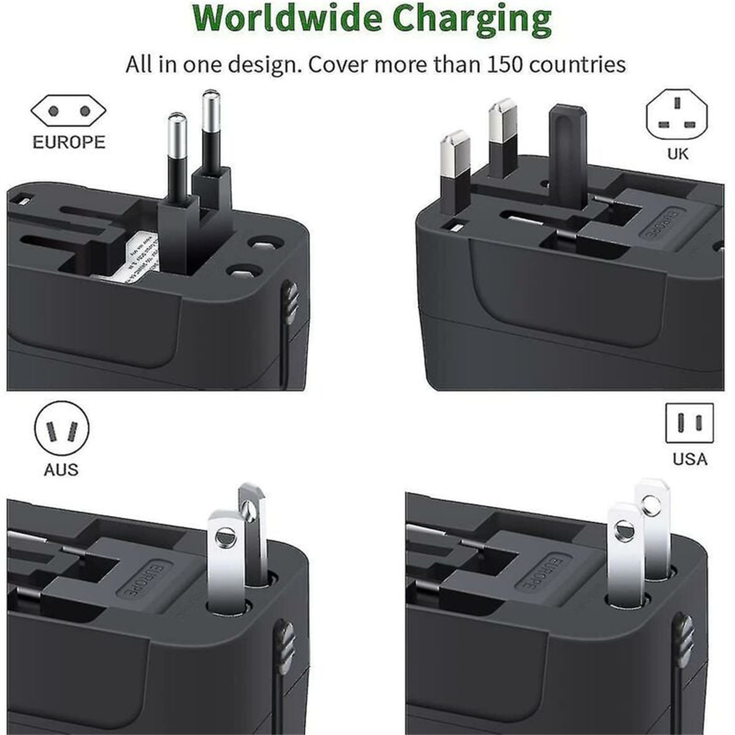 Das Bild zeigt einen universellen Reiseadapter, der Stecker-Konfigurationen für Europa, Großbritannien, Australien und die USA zeigt.