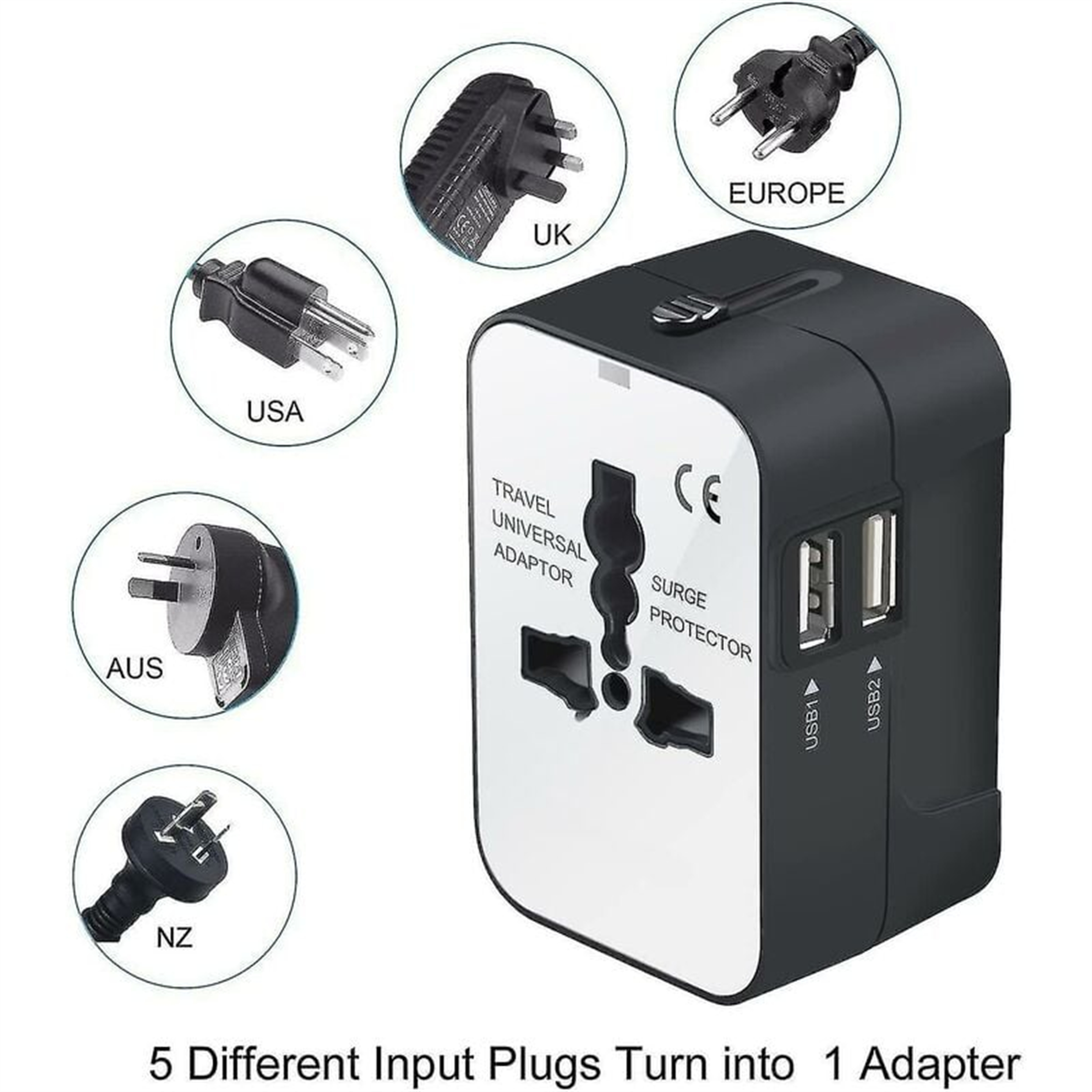 Ein universeller Reiseadapter mit USB-Anschlüssen wird vorgestellt, wobei seine Kompatibilität mit verschiedenen Steckertypen hervorgehoben wird.