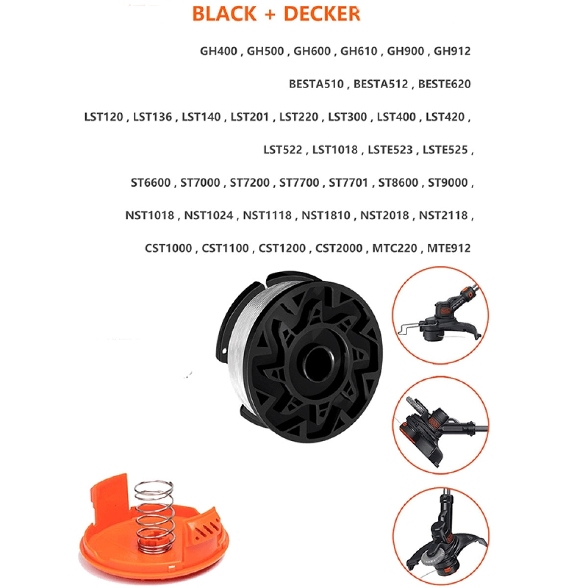 Das Bild listet Black+Decker Trimmermodelle auf und enthält Produktvisualisierungen: eine Trimmerspule und eine orangefarbene Kappe.