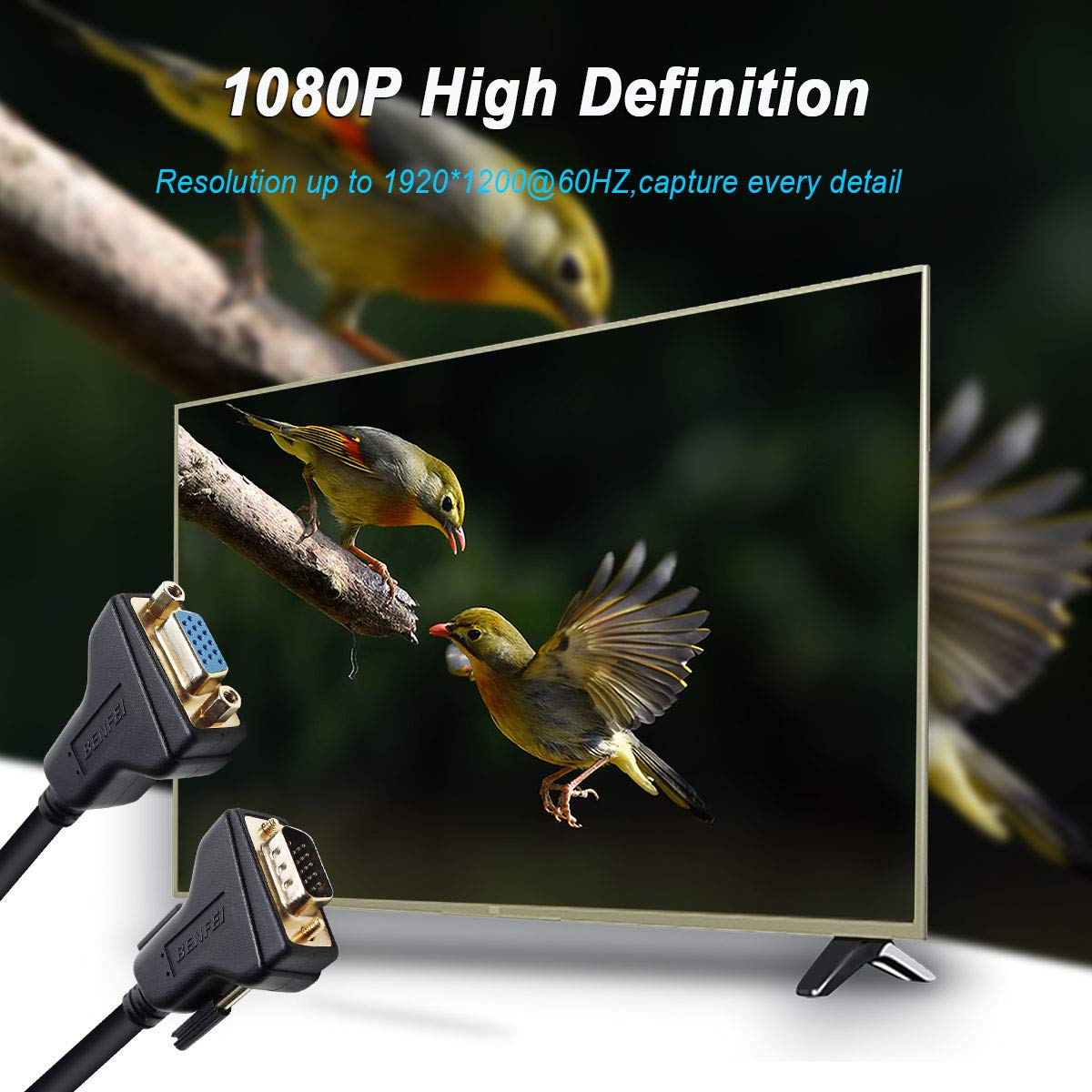 Ein VGA-Kabel verbindet sich mit einem Monitor, der Vögel anzeigt und eine 1080P High Definition-Auflösung bewirbt.