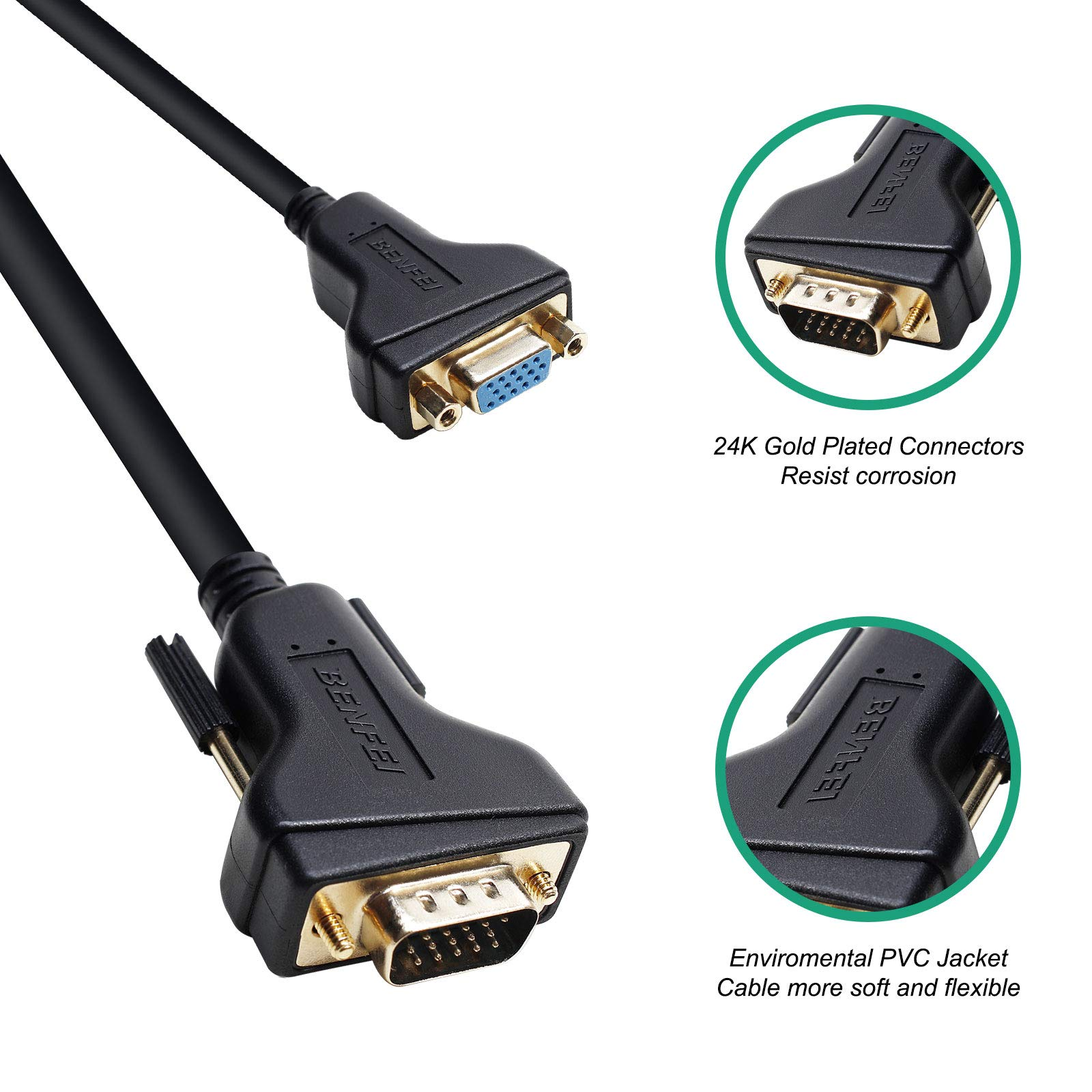 Das Bild zeigt ein schwarzes VGA-Kabel mit vergoldeten Anschlüssen, das Haltbarkeit und Signalqualität hervorhebt.