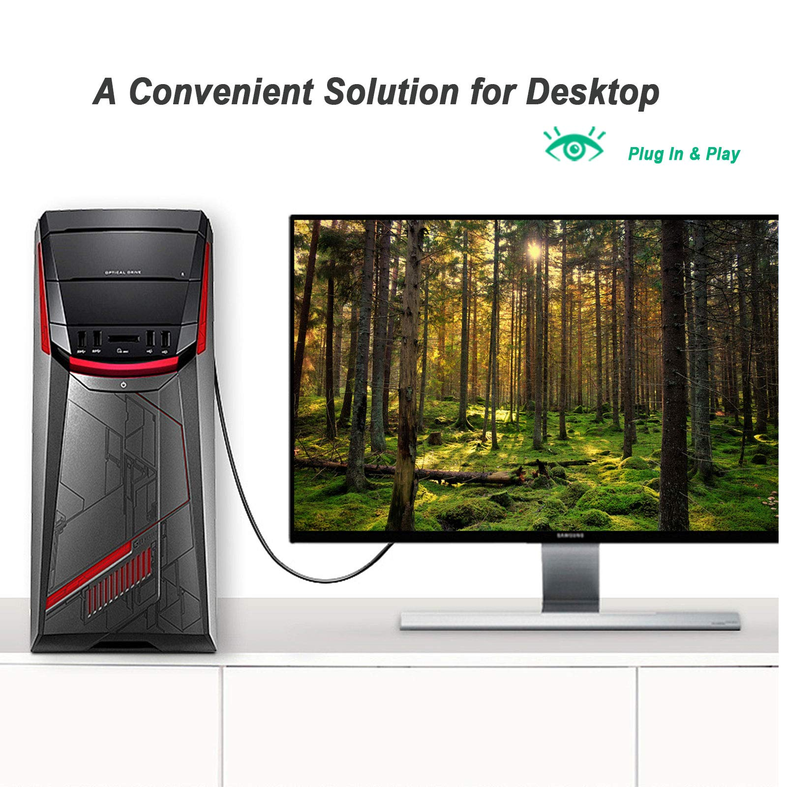 Ein Desktop-Computer wird über ein schwarzes VGA-Kabel mit einem Monitor verbunden, der eine Waldszene anzeigt.