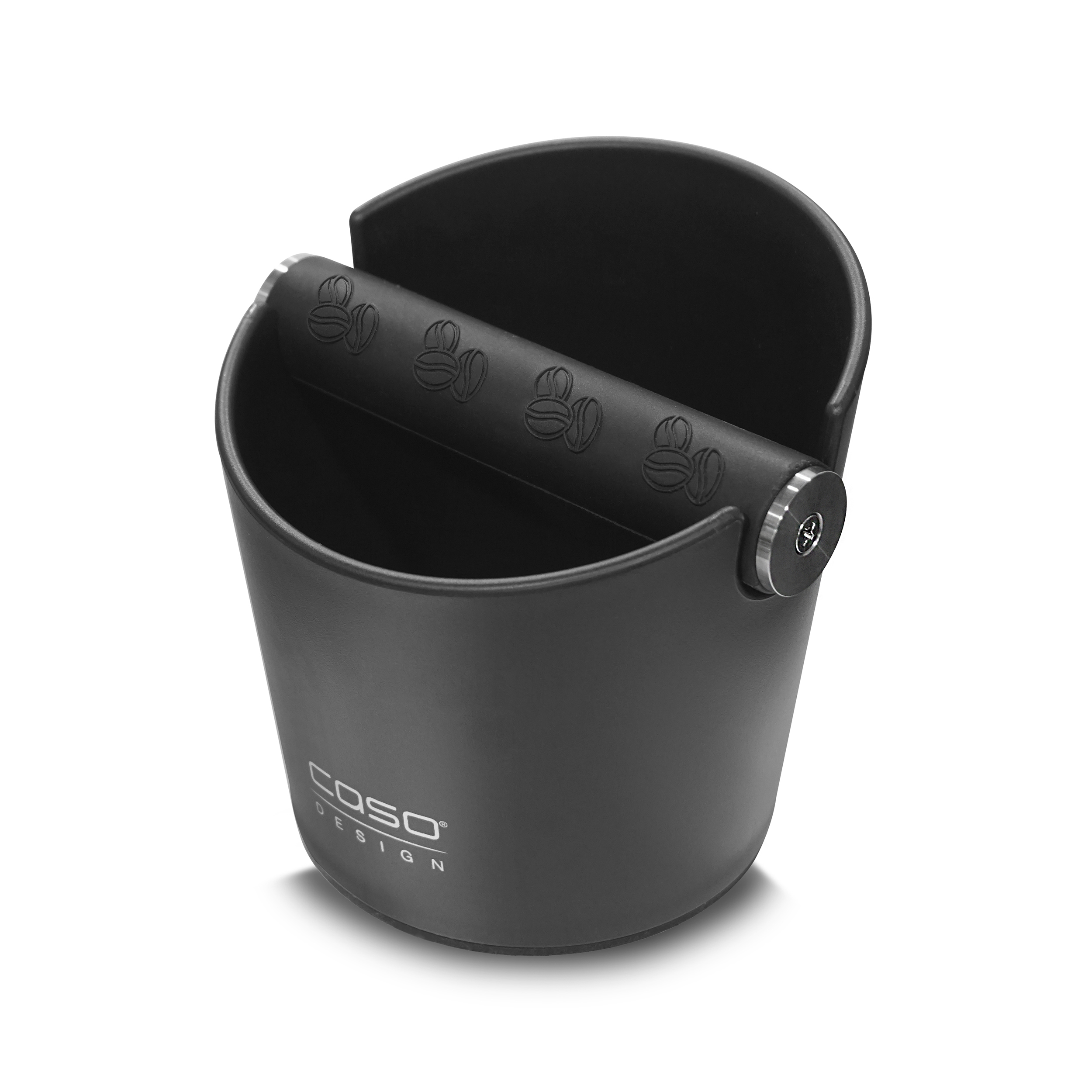 Eine elegante, mattschwarze Kaffee-Abschlagbox mit geschwungenem Design und gepolsterter Stange zur Entsorgung von Espressosatz.