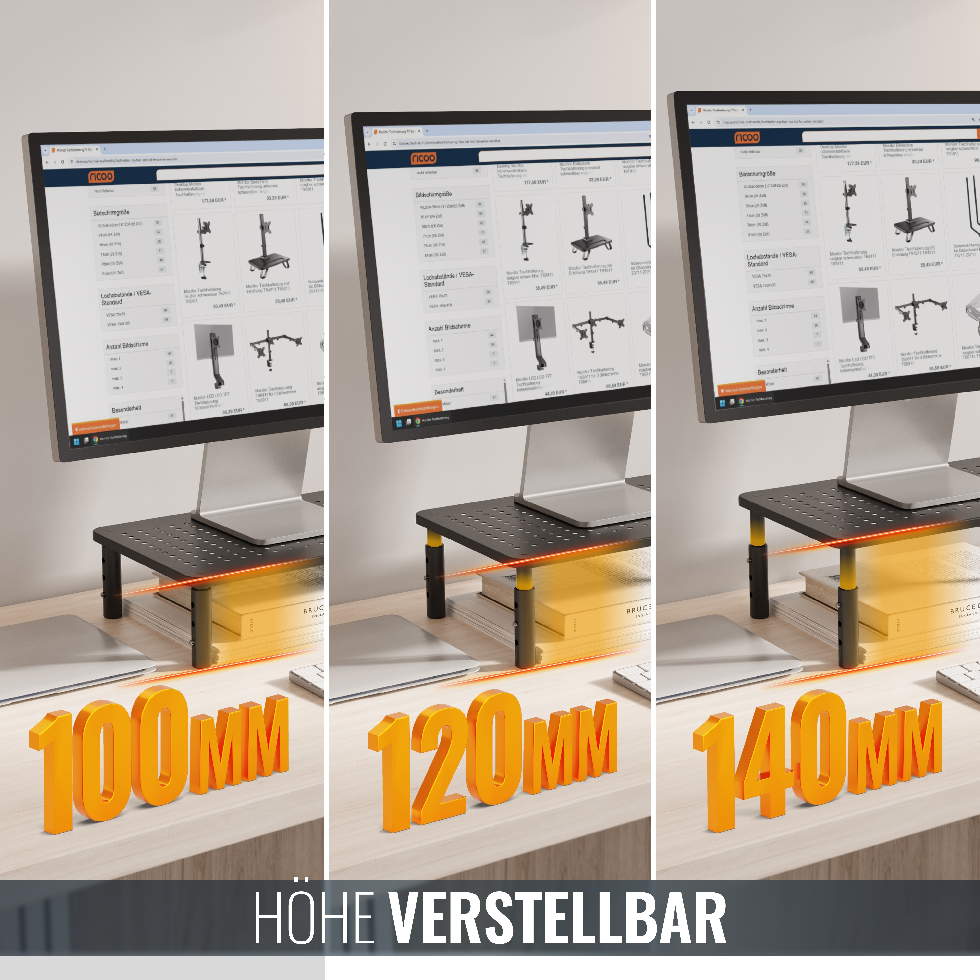 Drei Monitore stehen auf Schreibtischen, jeder auf einem schwarzen Ständer, der auf verschiedene Höhen eingestellt ist, beschriftet mit 100 mm, 120 mm und 140 mm.