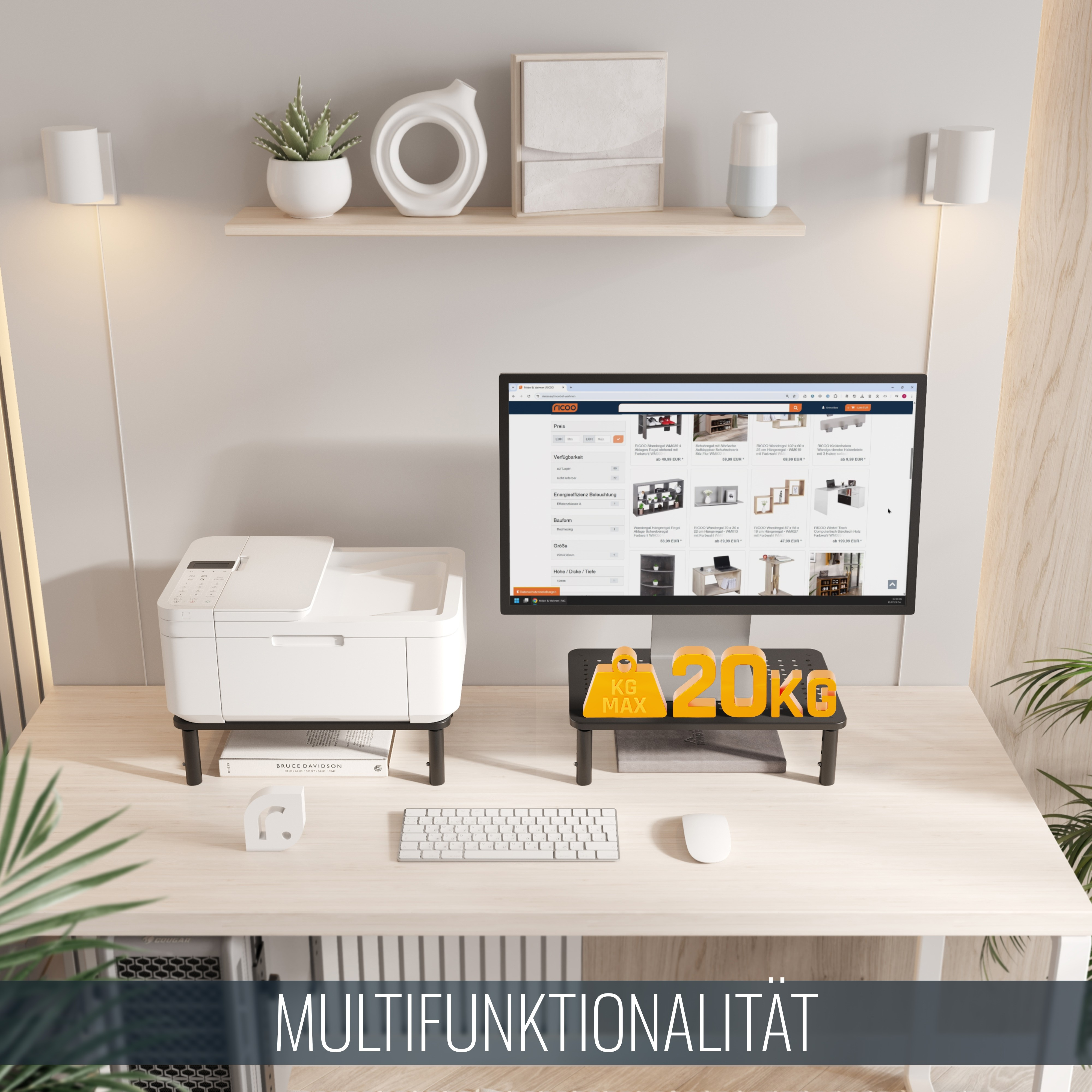 Ein Monitor und ein Drucker stehen auf einem Schreibtisch, jeder auf einem schwarzen Ständer. Der Monitorständer hat eine maximale Traglast von 20 kg.