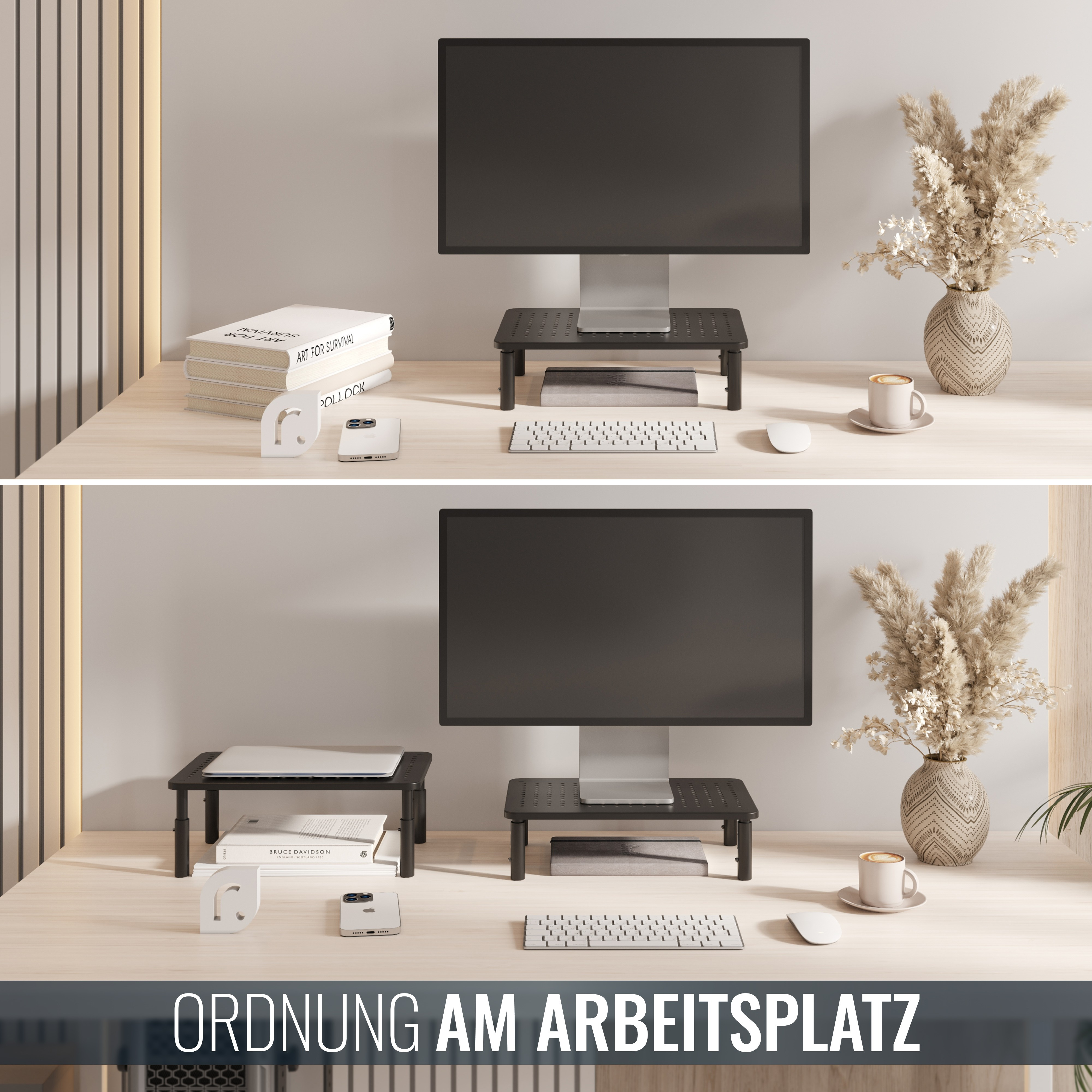 Zwei Monitore stehen auf Schreibtischen, jeder auf einem schwarzen Ständer. Bücher, eine Tastatur, eine Maus und eine Kaffeetasse befinden sich ebenfalls auf den Schreibtischen.