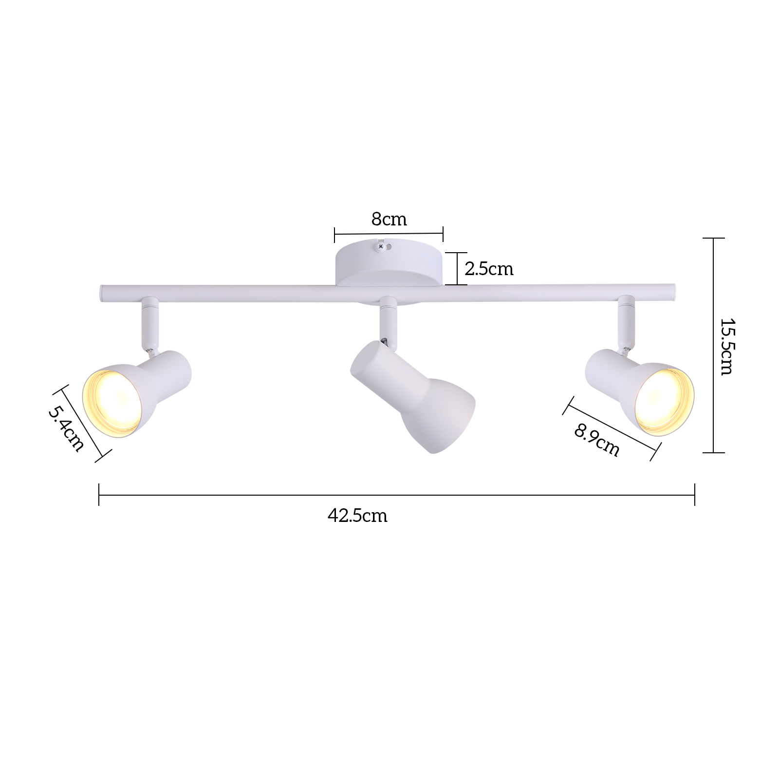 Diagram pokazuje wymiary białej lampy szynowej z trzema żarówkami na białym tle.
