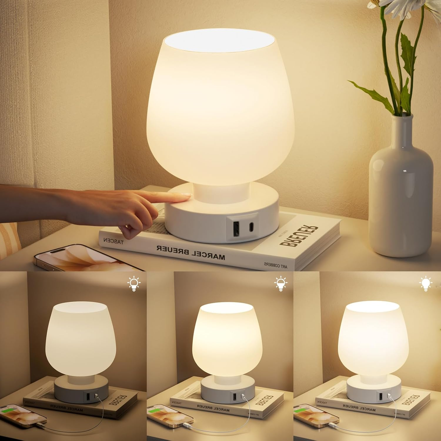 Collage einer weißen Touch-Lampe auf einem Buch, die verschiedene Helligkeitsstufen zeigt und ein Telefon auflädt.