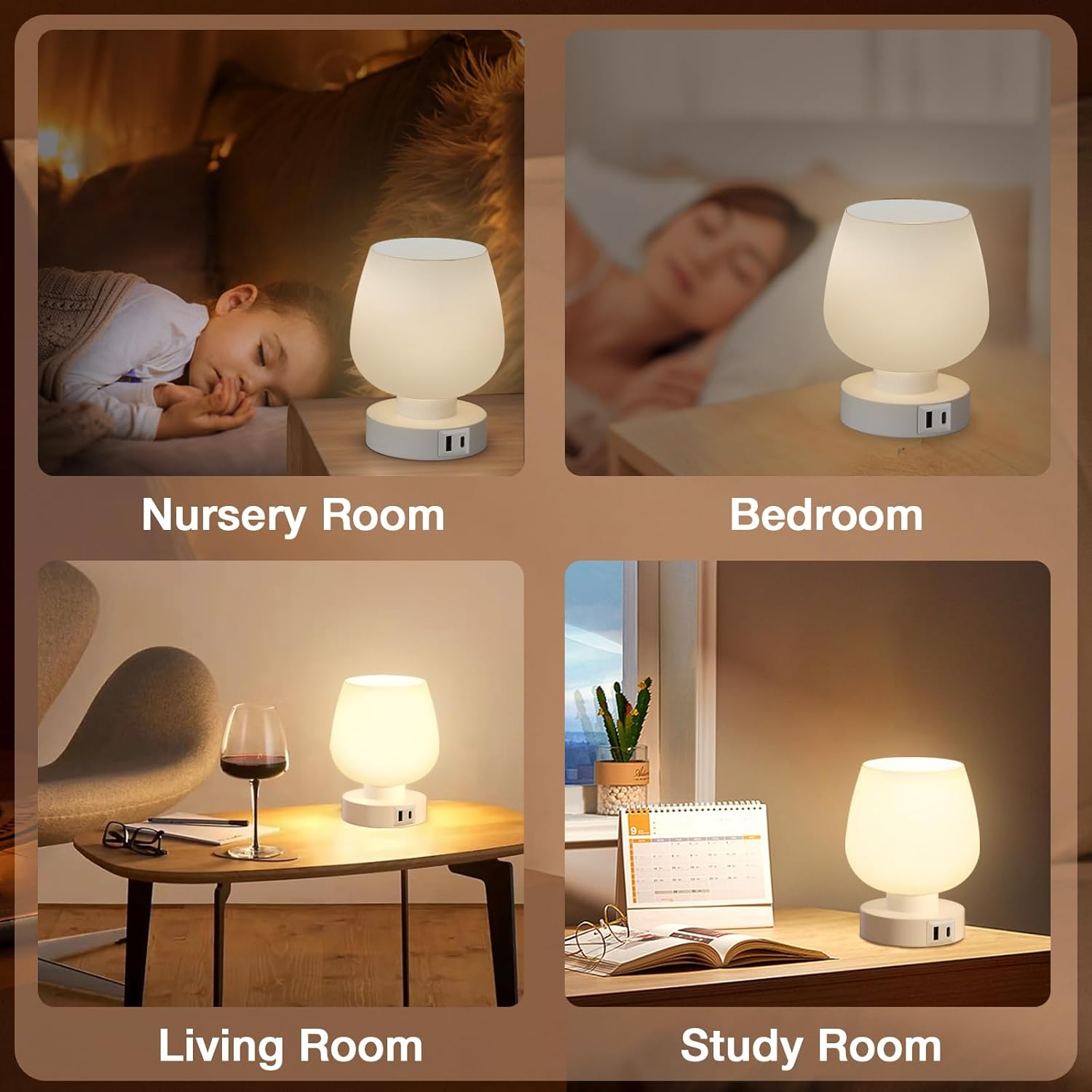 Collage mit einer weißen Touch-Lampe in einem Kinderzimmer, Schlafzimmer, Wohnzimmer und Arbeitszimmer.