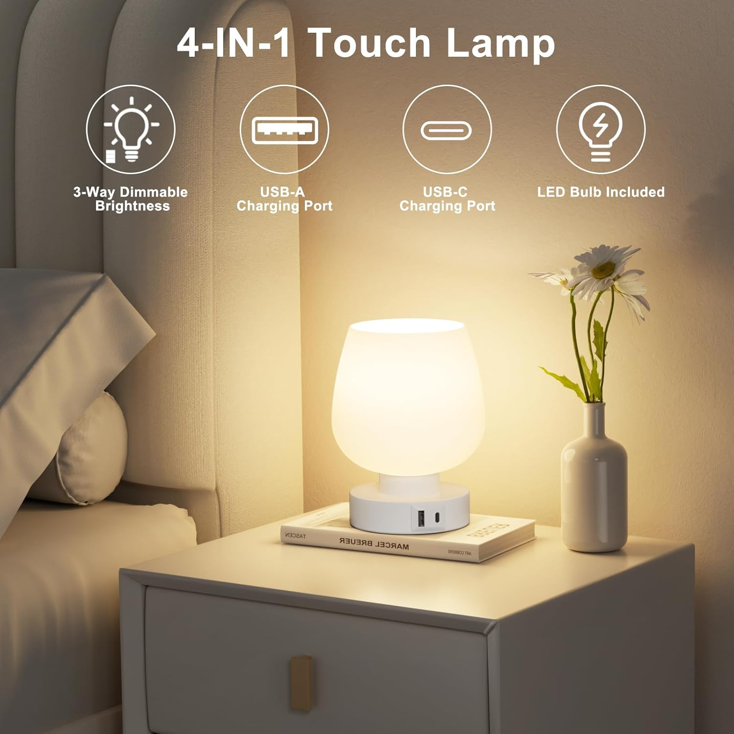 Das Bild zeigt eine Nachttischlampe mit dimmbarer Helligkeit, USB-Anschlüssen und einer enthaltenen LED-Glühbirne.