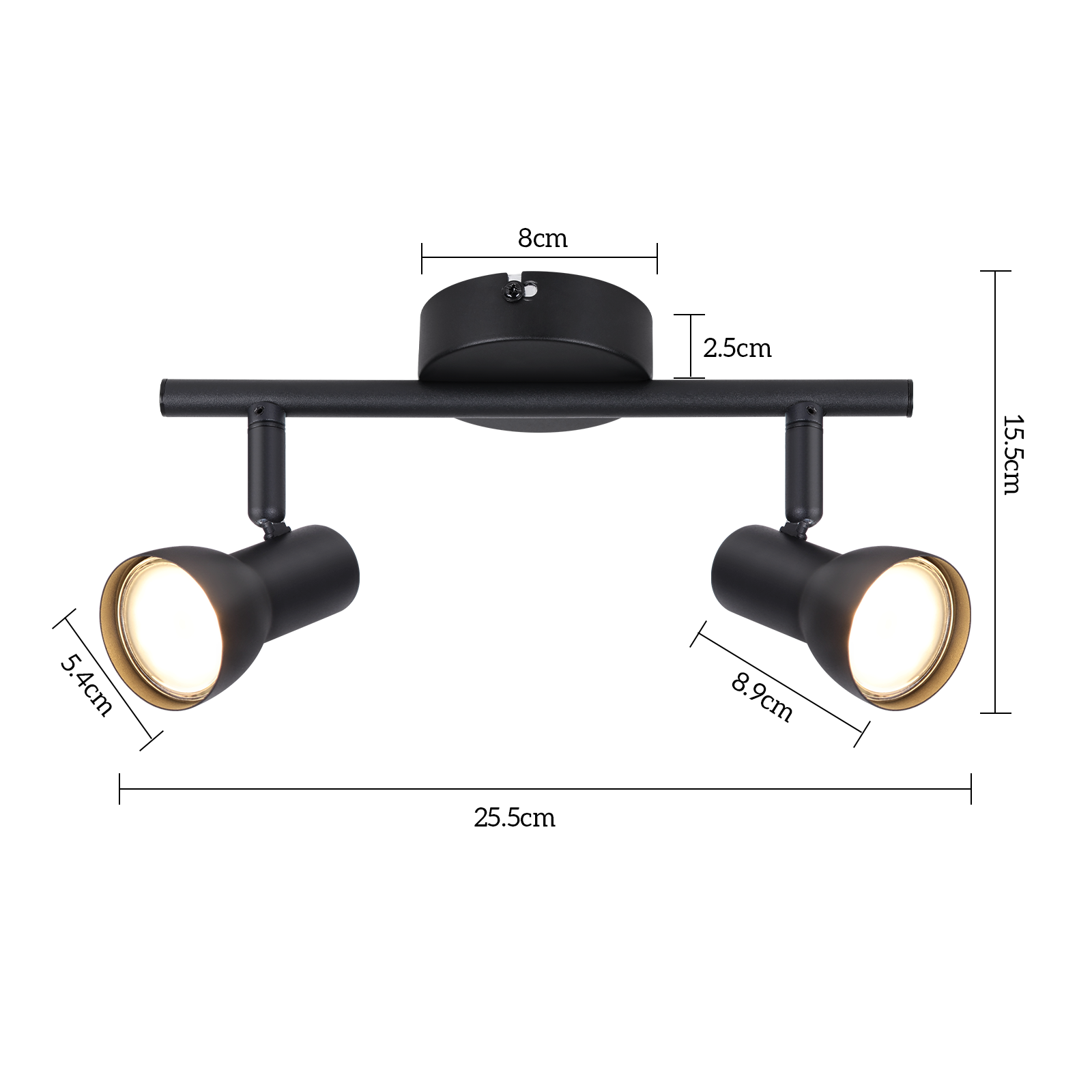 Schemat czarnej lampy szynowej z wymiarami oznaczonymi w centymetrach.