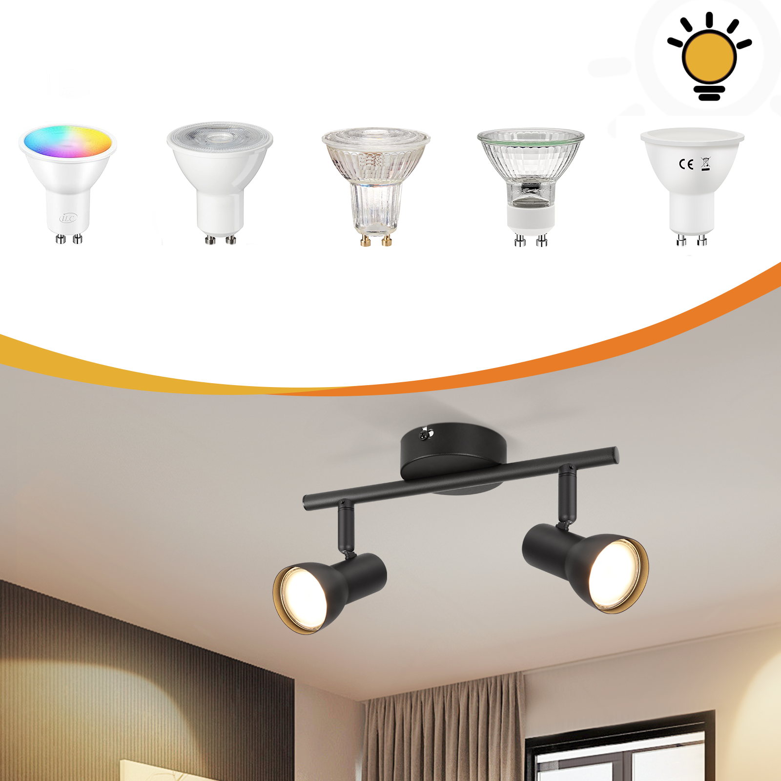 Una lampada da binario nera con diverse lampadine sopra su un soffitto.
