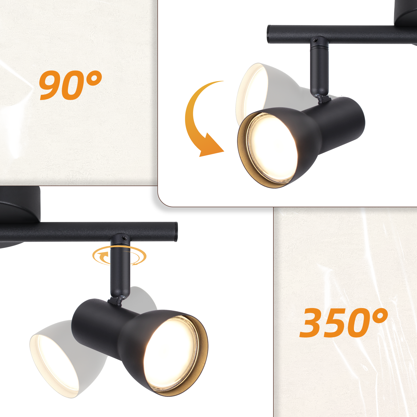 Diagramma che mostra la regolazione dell'angolo e della direzione di una lampada da binario nera.